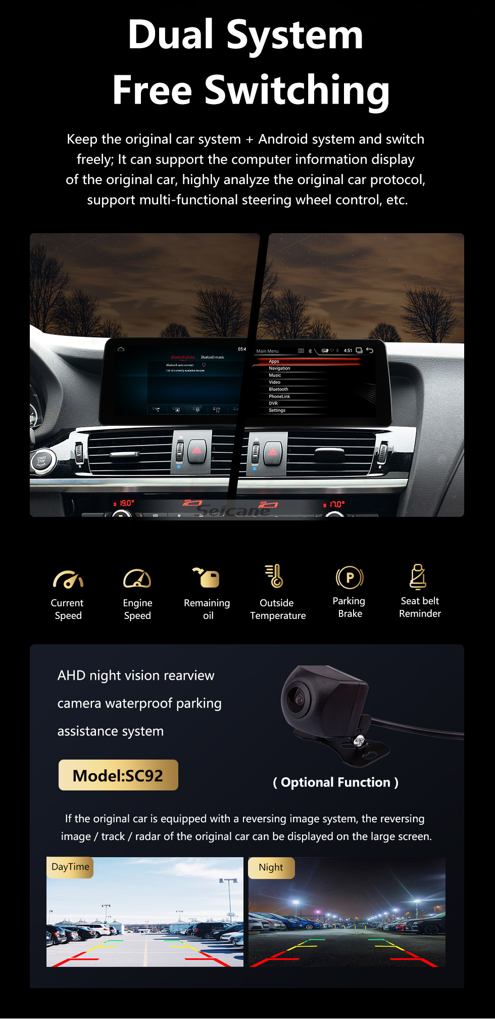 Seicane Écran tactile HD 12,3 pouces pour 2011-2019 2020 2021 2022 BMW X3 X4 F25 F26 Radio Android 11.0 Système de navigation GPS avec prise en charge Bluetooth Carplay TPMS