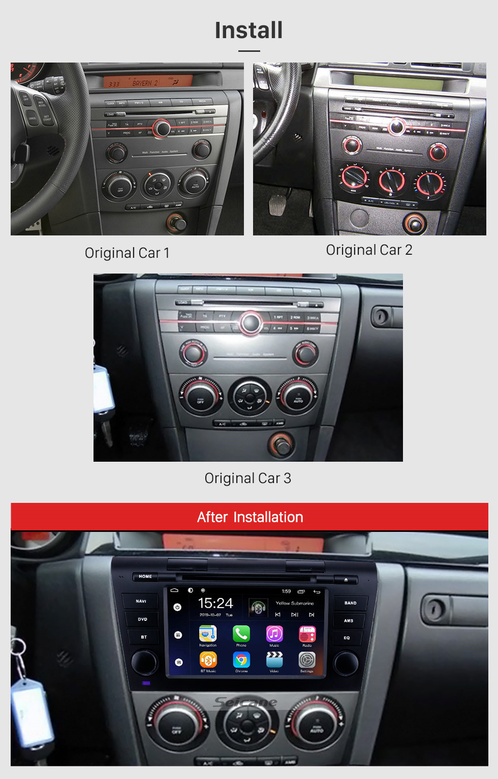 Seicane HD Touchscreen für 2007 2008 2009 Mazda 3 Radio Android 9.0 7 Zoll GPS-Navigationssystem Bluetooth-Unterstützung Lenkradsteuerung Carplay