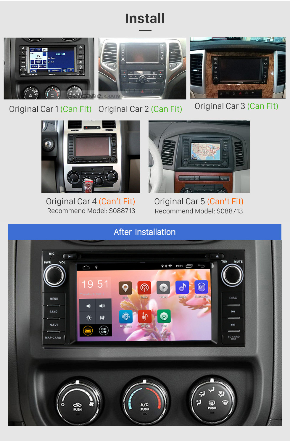 Seicane En el tablero 2007-2013 Jeep Wrangler Unlimited Radio de 7 pulgadas Actualización con Android 9.0 Reproductor de DVD Bluetooth Navegación GPS Sistema de audio para automóvil Pantalla táctil WiFi 3G Enlace de espejo OBD2 Cámara de respaldo DVR AUX
