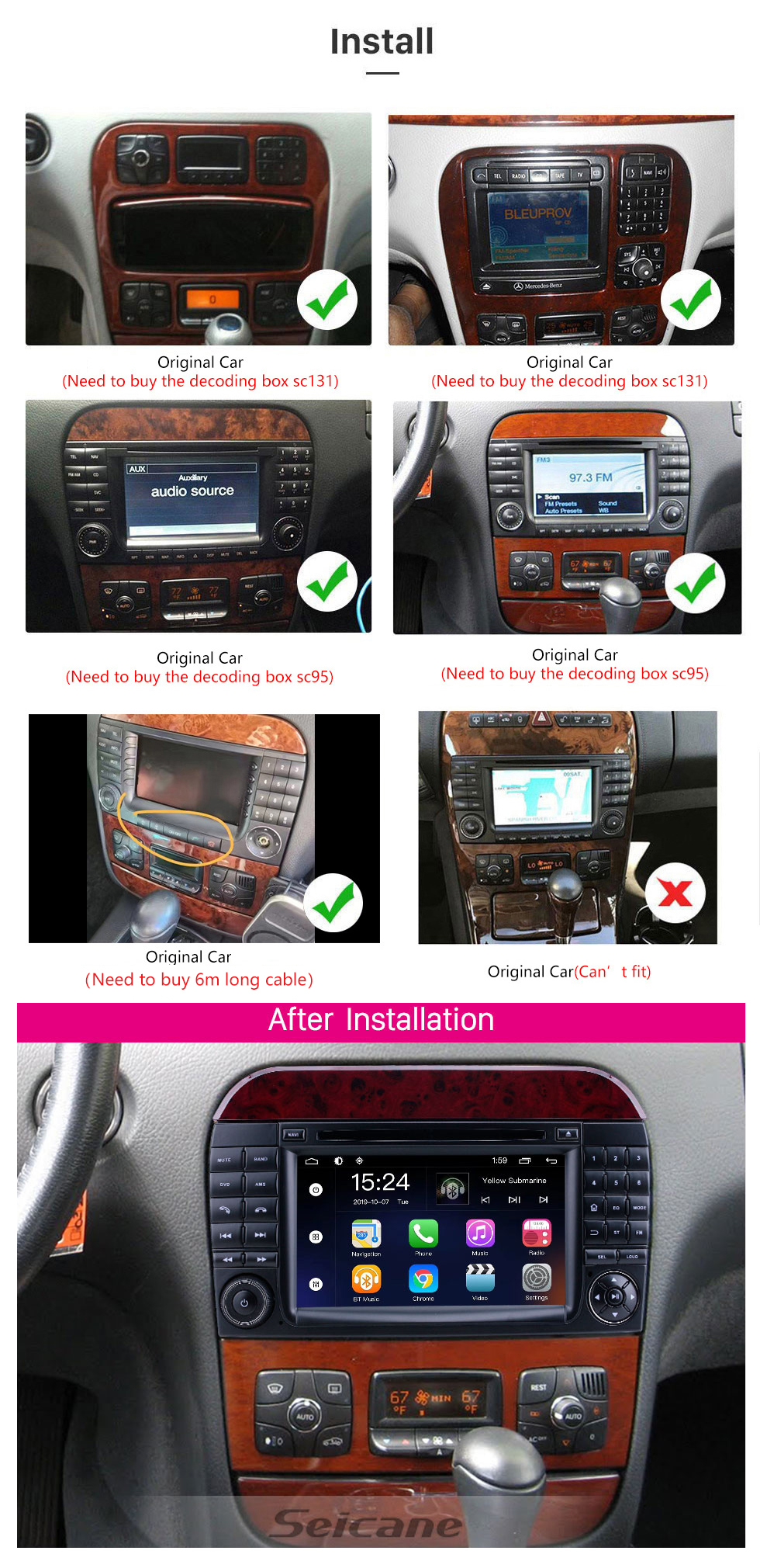 Seicane 7 pulgadas Android 9.0 para 1998 1999 2000-2005 Mercedes Benz Clase S W220/S280/S320/S320 CDI/S400 CDI/S350/S430/S500/S600/S55 AMG/S63 AMG/S65 AMG Radio con pantalla táctil HD Sistema de navegación GPS Bluetooth apoyo Carplay