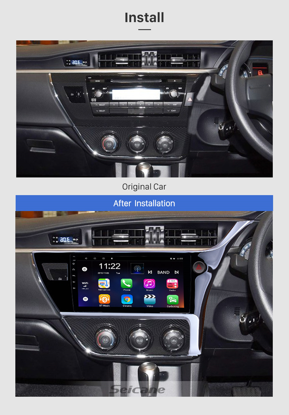 Seicane 10.1 pouces Android 13.0 2017 Toyota Corolla Main Droite conduite voiture Unité principale HD à écran tactile Radio Système de navigation GPS Support 3G Wifi Vue arrière caméra Vidéo Carplay Bluetooth DVR OBD II