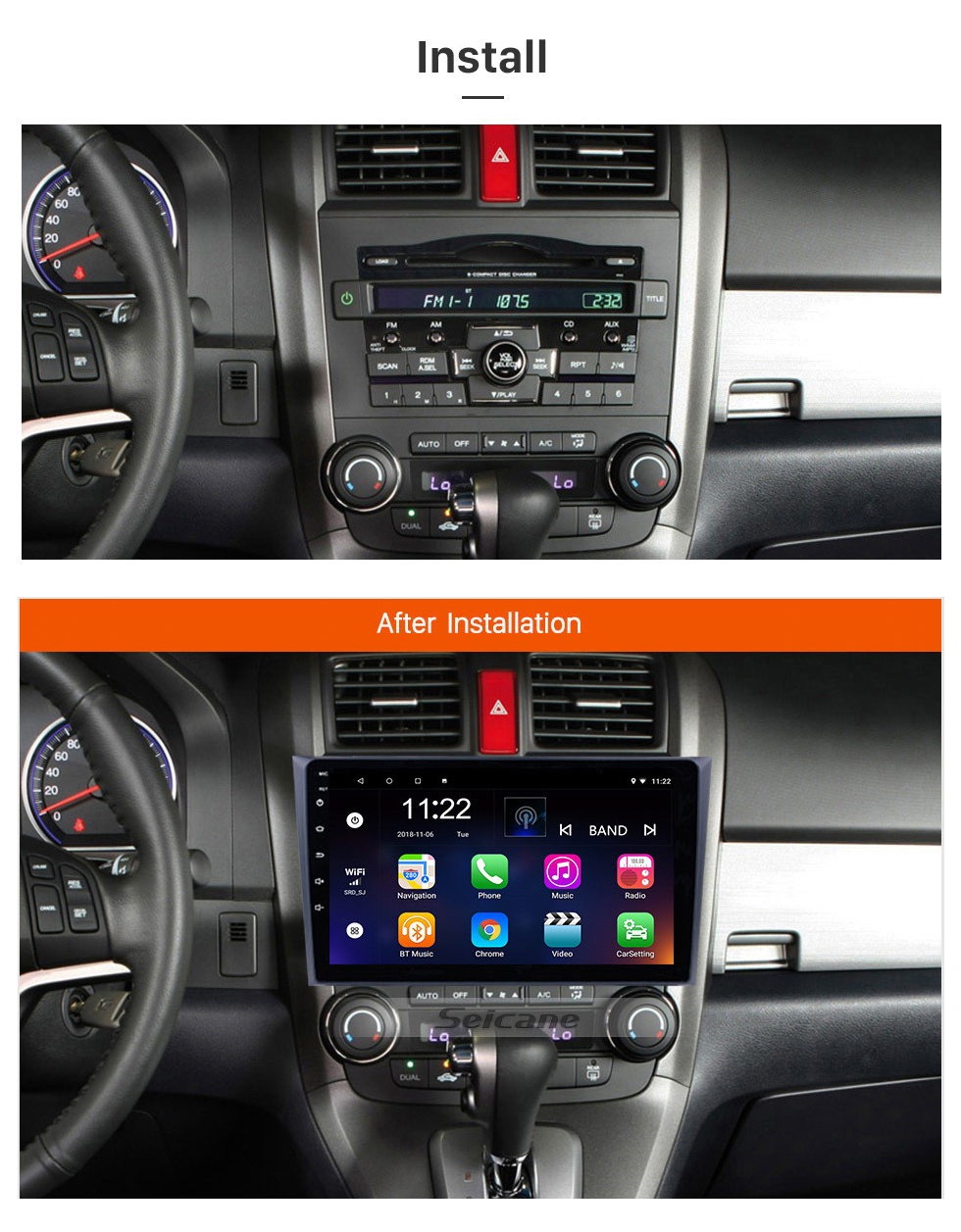 Seicane 2006 2007 2008-2011 Honda CRV 9 pouces Android 13.0 HD Radio à écran tactile Navigation GPS Bluetooth USB WIFI OBD2 Caméra de recul Lien miroir