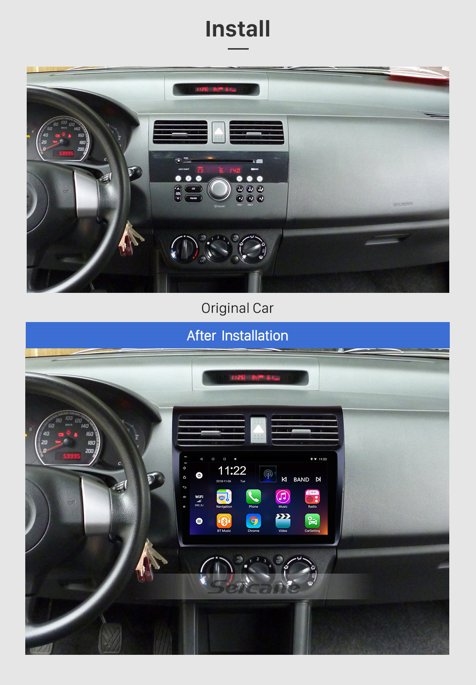 Seicane 10.1 pouces pour 2005-2010 Suzuki Swift Android 10.0 HD Écran tactile Navigation GPS Radio TV numérique Lien miroir 3G Wifi Bluetooth Musique Commande au volant
