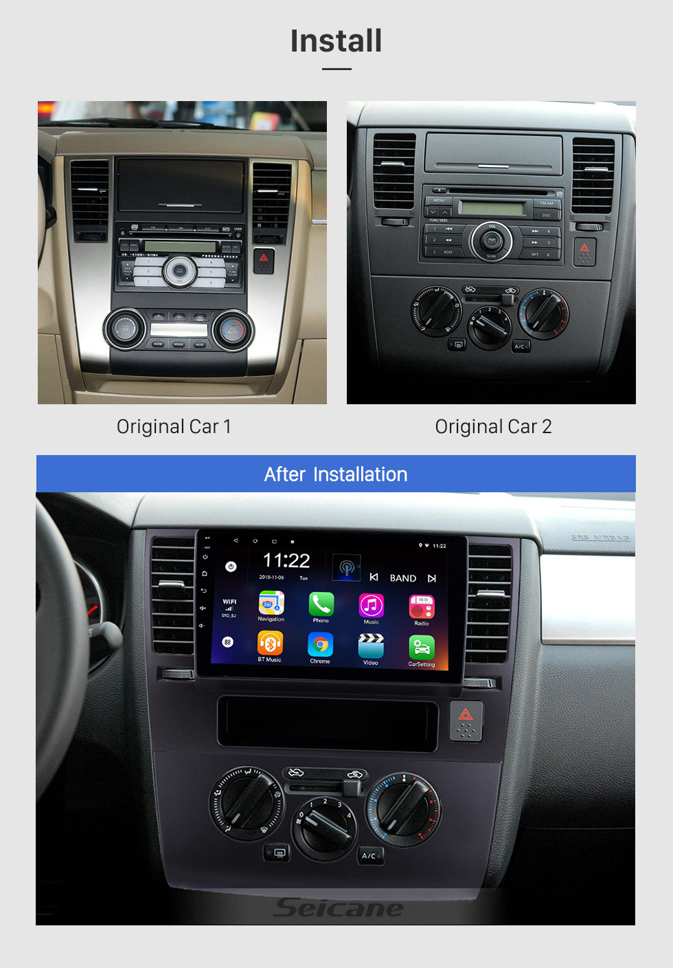 Seicane 9 inch 2005-2010 Nissan Tiida Android 10.0 HD Touch Screen GPS Navigation Radio Bluetooth 3G Wifi Digital TV Steering Wheel Control Mirror Link Music