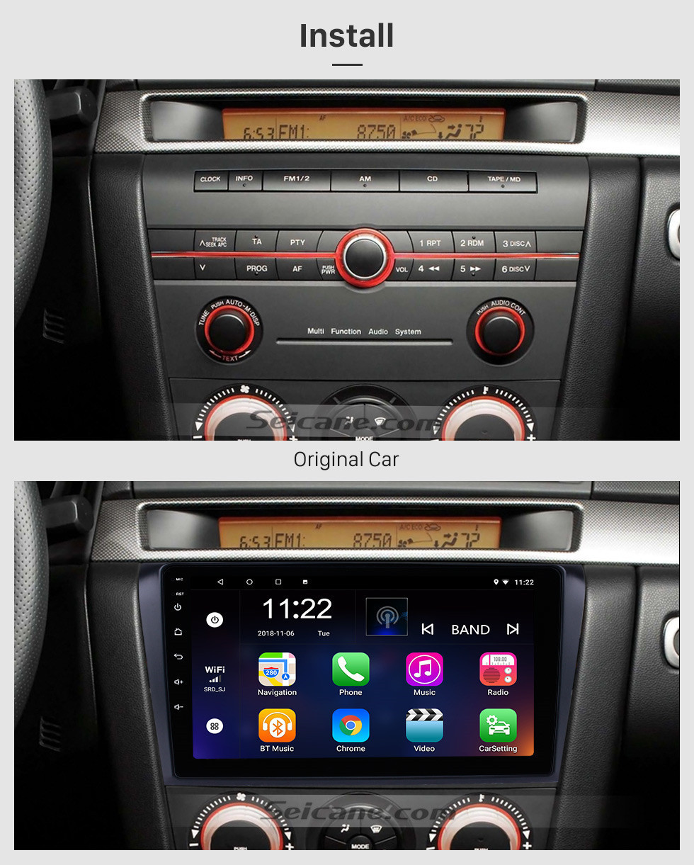 Seicane 9 Zoll Android 8.1 für Mazda 3 AXELA 2004-2009 GPS-Navigation Autoradio mit Bluetooth 3G WIFI USB-Touchscreen Rückfahrkamera Spiegel Link OBD2
