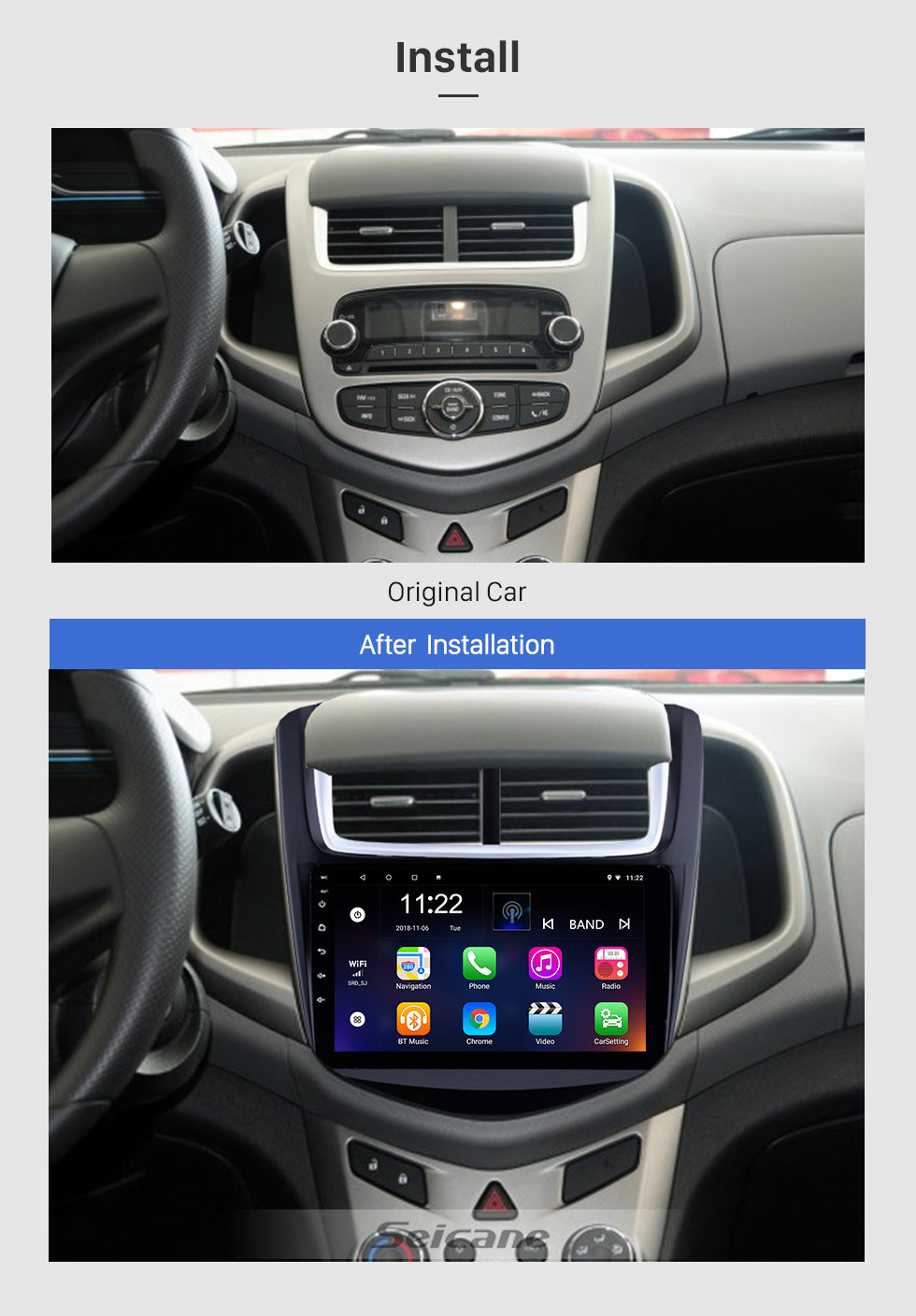 Seicane 9-дюймовый OEM навигационная система Android 10.0 радио для 2014 года Chevy Chevrolet Aveo 1024 * 600 с сенсорным экраном MP5-плеер ТВ-тюнер Пульт дистанционного управления Bluetooth музыка