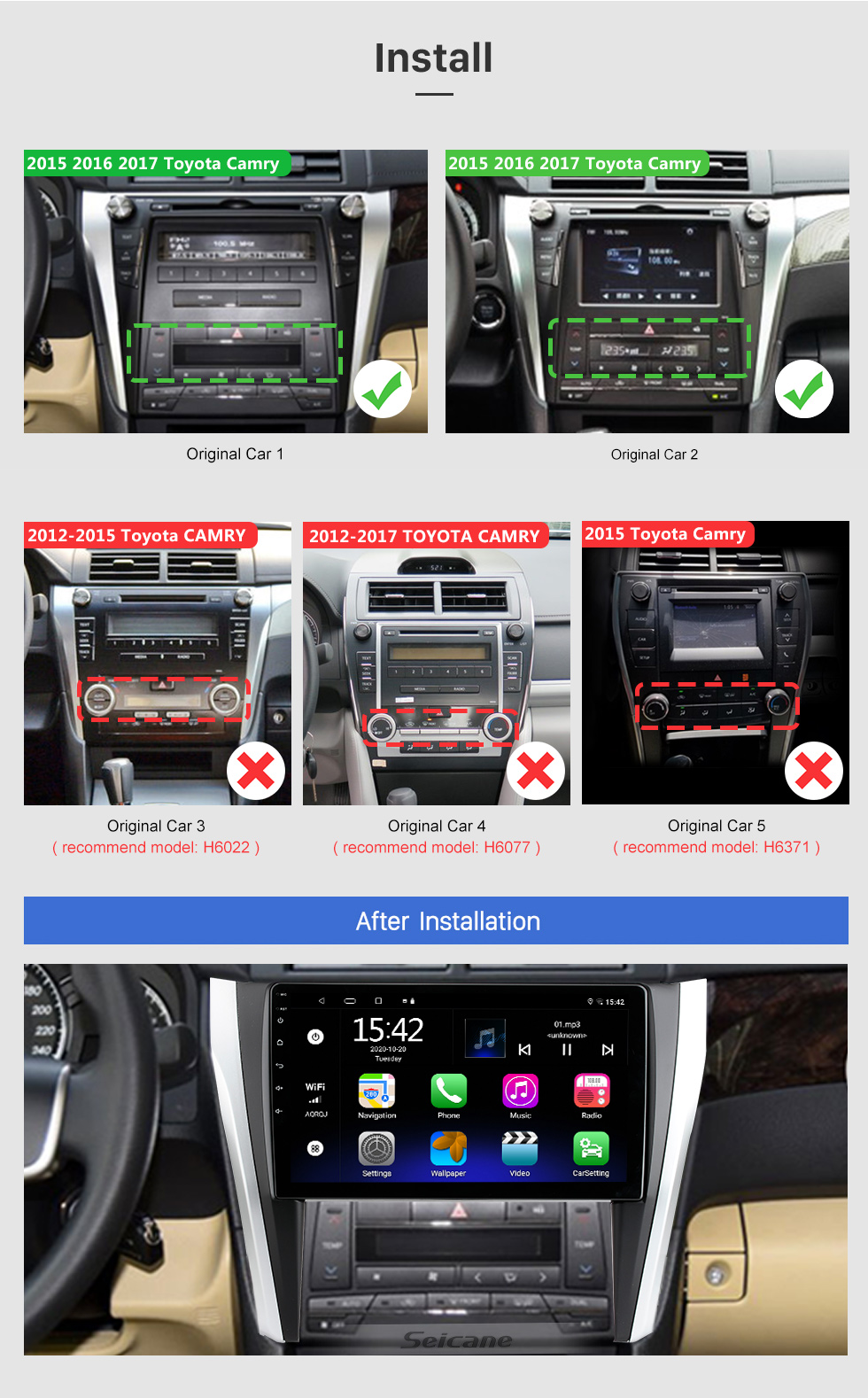 Seicane 10.1 pulgadas Android 10.0 Radio del sistema de navegación GPS para 2015 2016 2017 Toyota Camry Control del volante Bluetooth HD Pantalla táctil sintonizador de TV Vista posterior