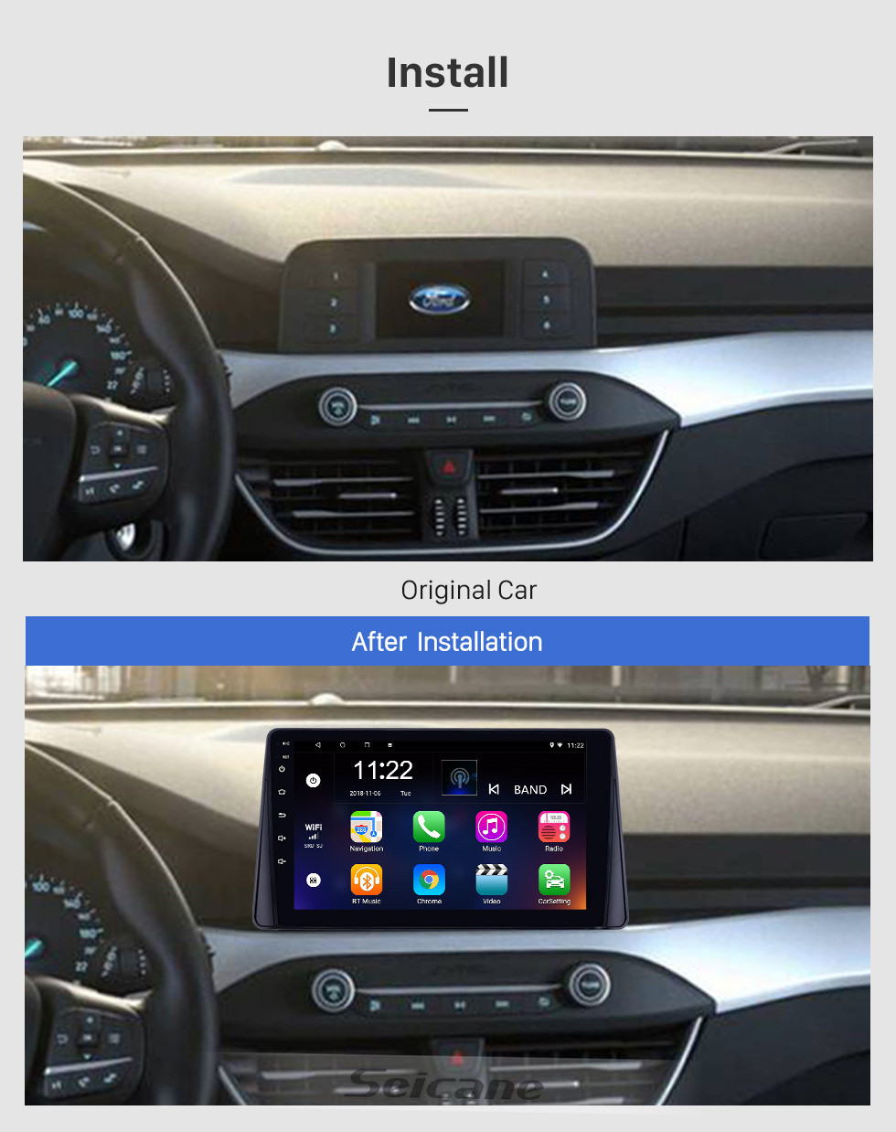 Seicane Écran tactile HD 9 pouces Android 10.0 Radio de navigation GPS pour 2019 Ford Focus avec Bluetooth AUX Music support DVR Carplay Commande au volant