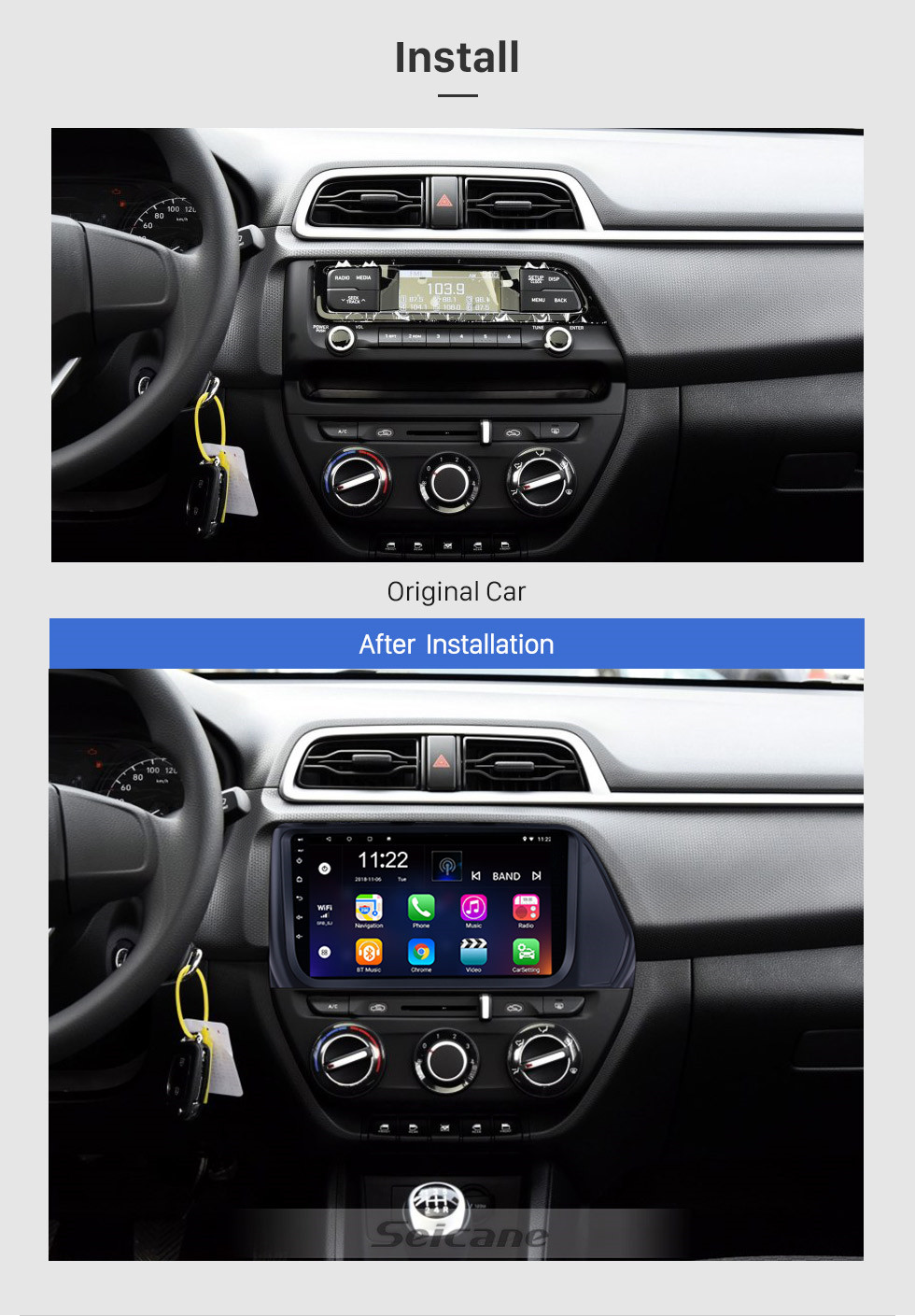 Seicane 9 pouces 2017 Hyundai VERNA Android 10.0 Lecteur multimédia de voiture Radio Bluetooth avec système de navigation GPS Musique Wifi Lien miroir Prise en charge USB Commande au volant DVR Caméra de recul OBD2 DAB +