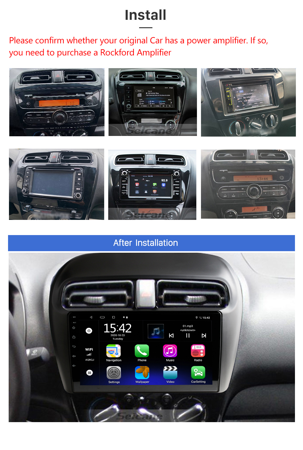 Seicane 2012 2013 2014 2015 2016 Mitsubishi Mirage 9 Zoll Android 12.0 Autoradio GPS Navigationssystem mit 1024*600 HD Touchscreen Bluetooth Musik USB WIFI FM Lenkradsteuerung Unterstützung DVR OBD