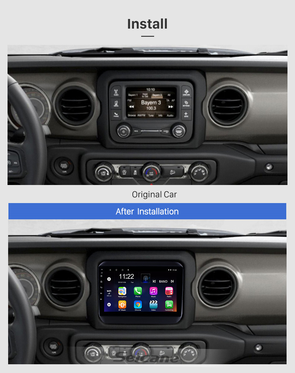 Seicane 9 inch Android 13.0 GPS Navigation Radio for 2018 Jeep Wrangler with Bluetooth WIFI USB AUX HD Touchscreen support Carplay DVR OBD