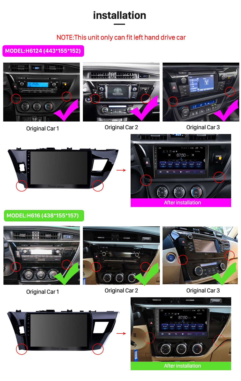 Seicane 10.1 pulgadas Android 13.0 Pantalla táctil radio Bluetooth Sistema de navegación GPS para Toyota Corolla 11 2012-2014 2015 2016 E170 E180 Soporte TPMS DVR OBD II USB SD WiFi Cámara trasera Control del volante HD 1080P Video AUX