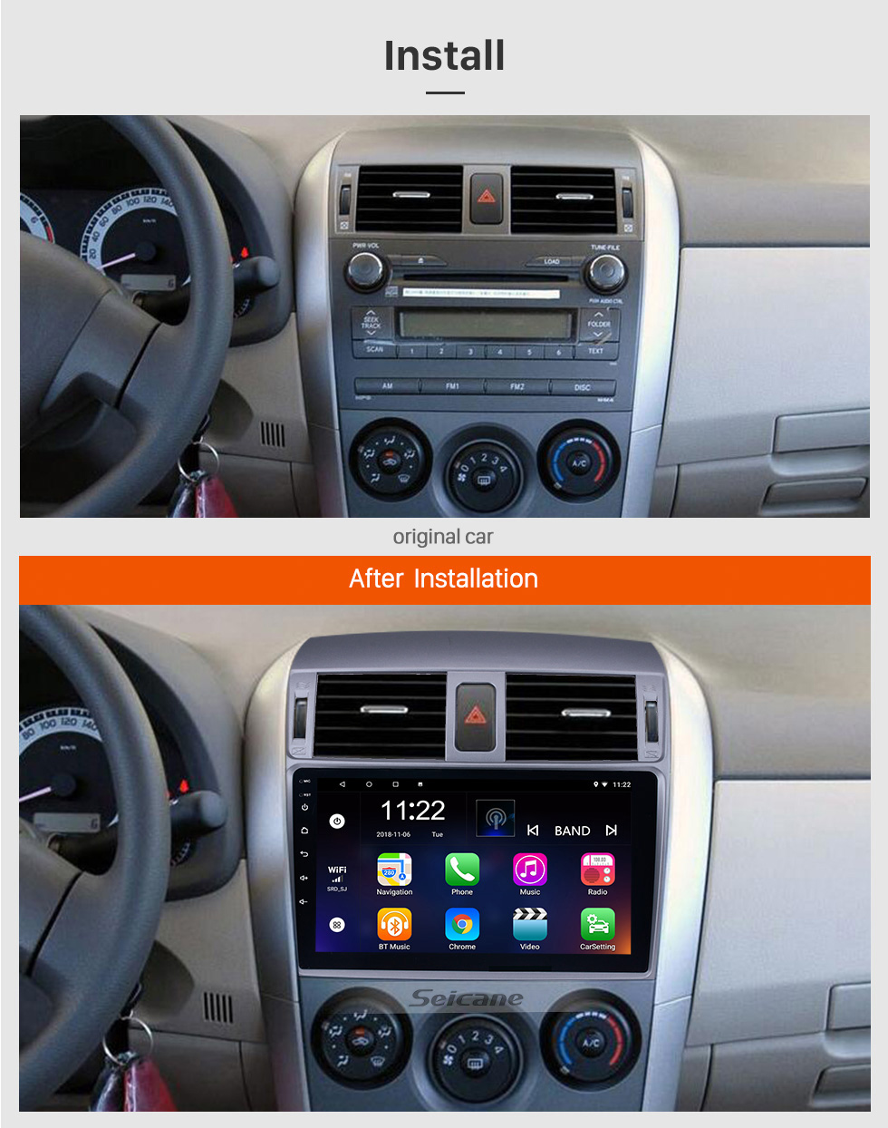 Seicane 9 polegadas 2007 2008 2009 2010 Toyota OLD Corolla Android 10.0 Bluetooth Rádio GPS Navegação unidade principal Suporte WIFI 1080P Vídeo Backup Câmera Sistema de áudio DVR OBD2