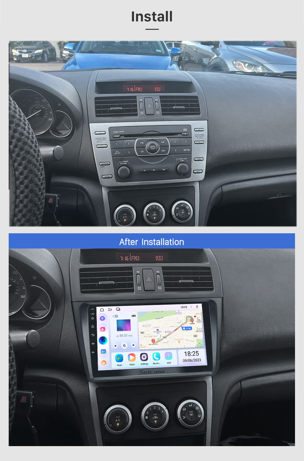 Seicane In Dash Radio 9 Zoll HD 1024 * 600 Touchscreen Android 13.0 Für 2008 2009 2010 2011-2015 Mazda 6 Rui Wing GPS Navigationssystem Unterstützung Lenkradsteuerung DVR OBDII WiFi Rückfahrkamera DAB+