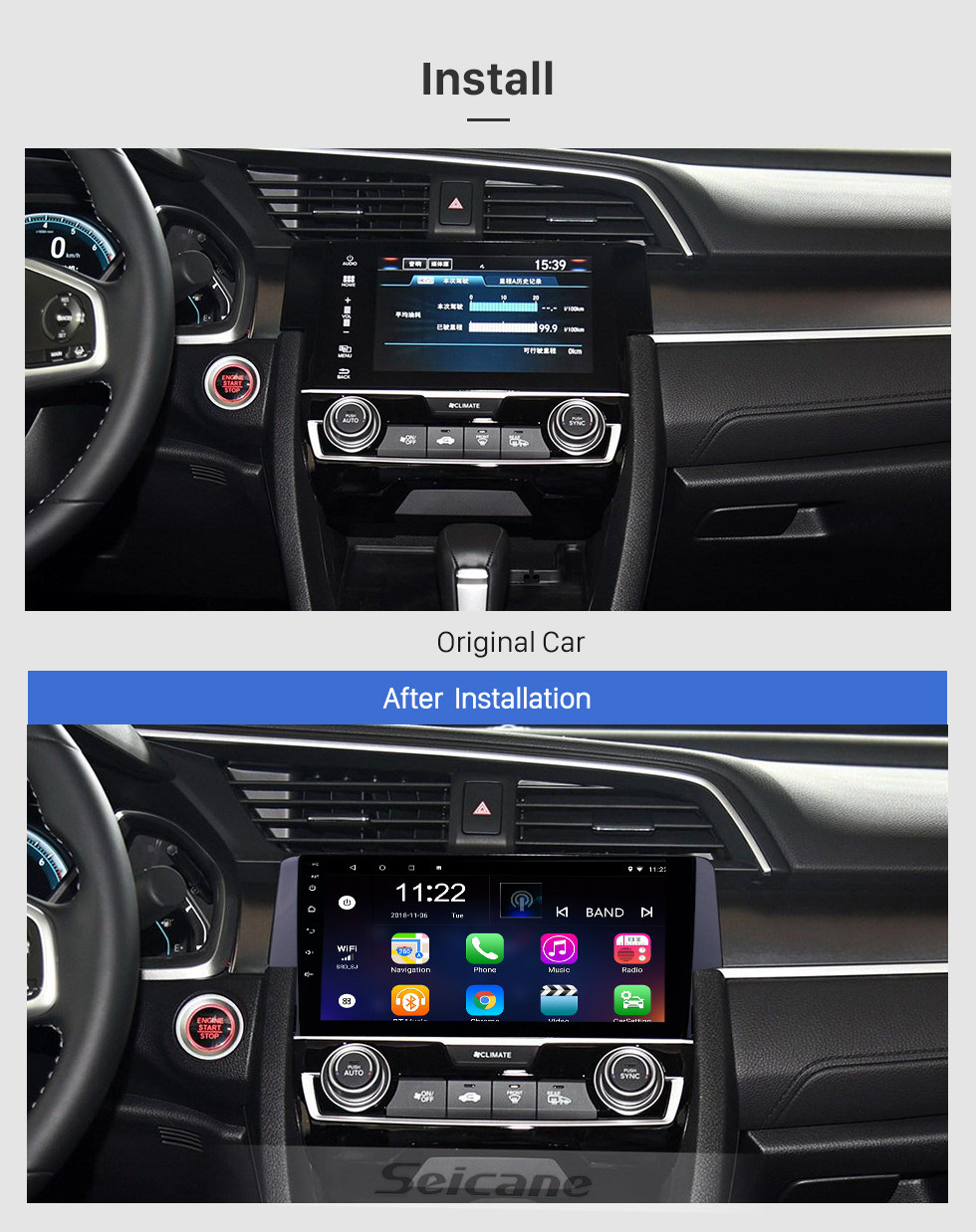Seicane OEM 9 Zoll Android 13.0 Radio für 2015 2016 Honda Civic Bluetooth Wifi HD Touchscreen GPS Navigationsunterstützung Carplay DVR OBD Rückfahrkamera