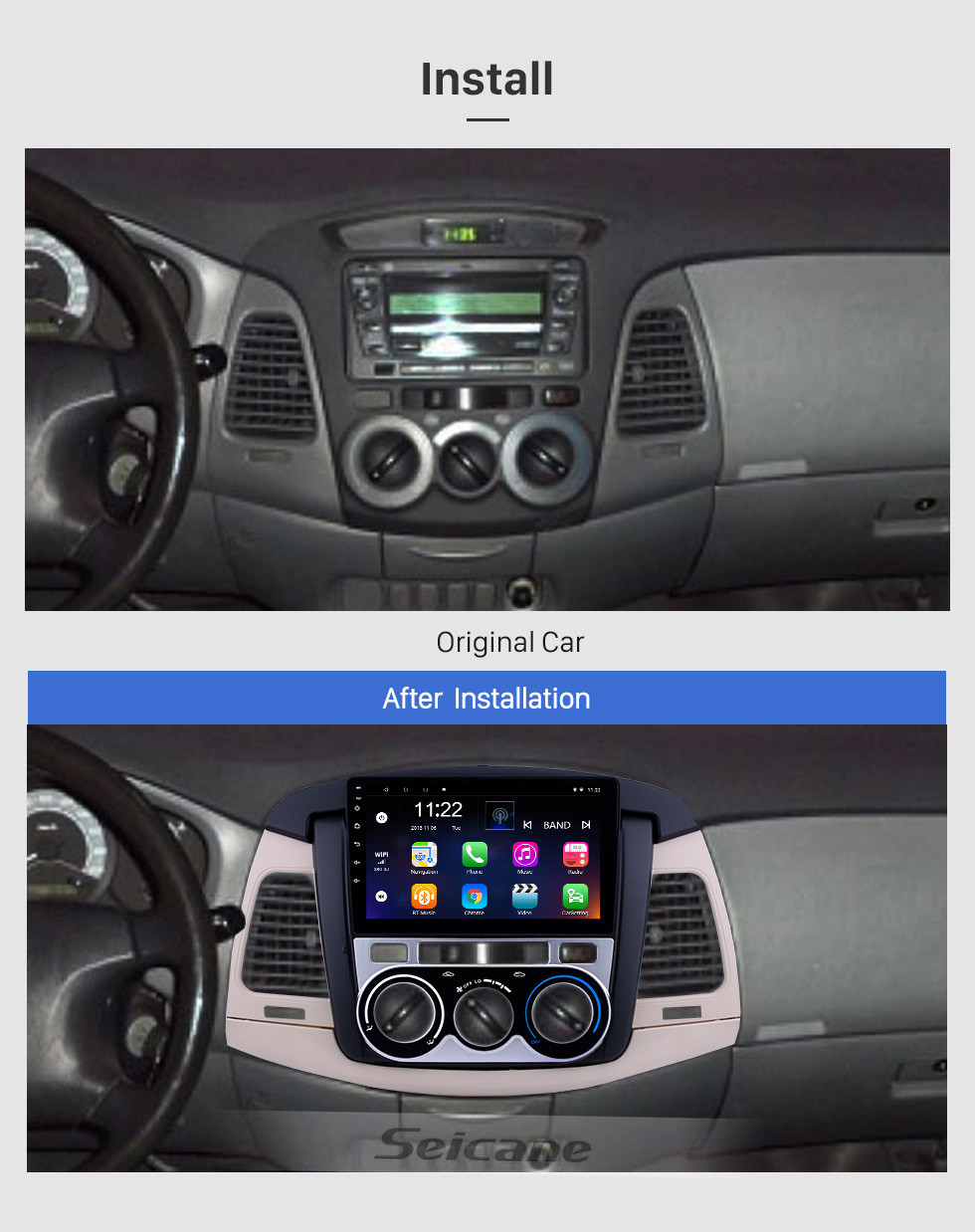 Seicane Android 10.0 9-дюймовый сенсорный GPS-навигатор с радиоуправлением для 2007-2011 годов Toyota Innova Руководство A / C с поддержкой Bluetooth USB WIFI Carplay SWC Задняя камера
