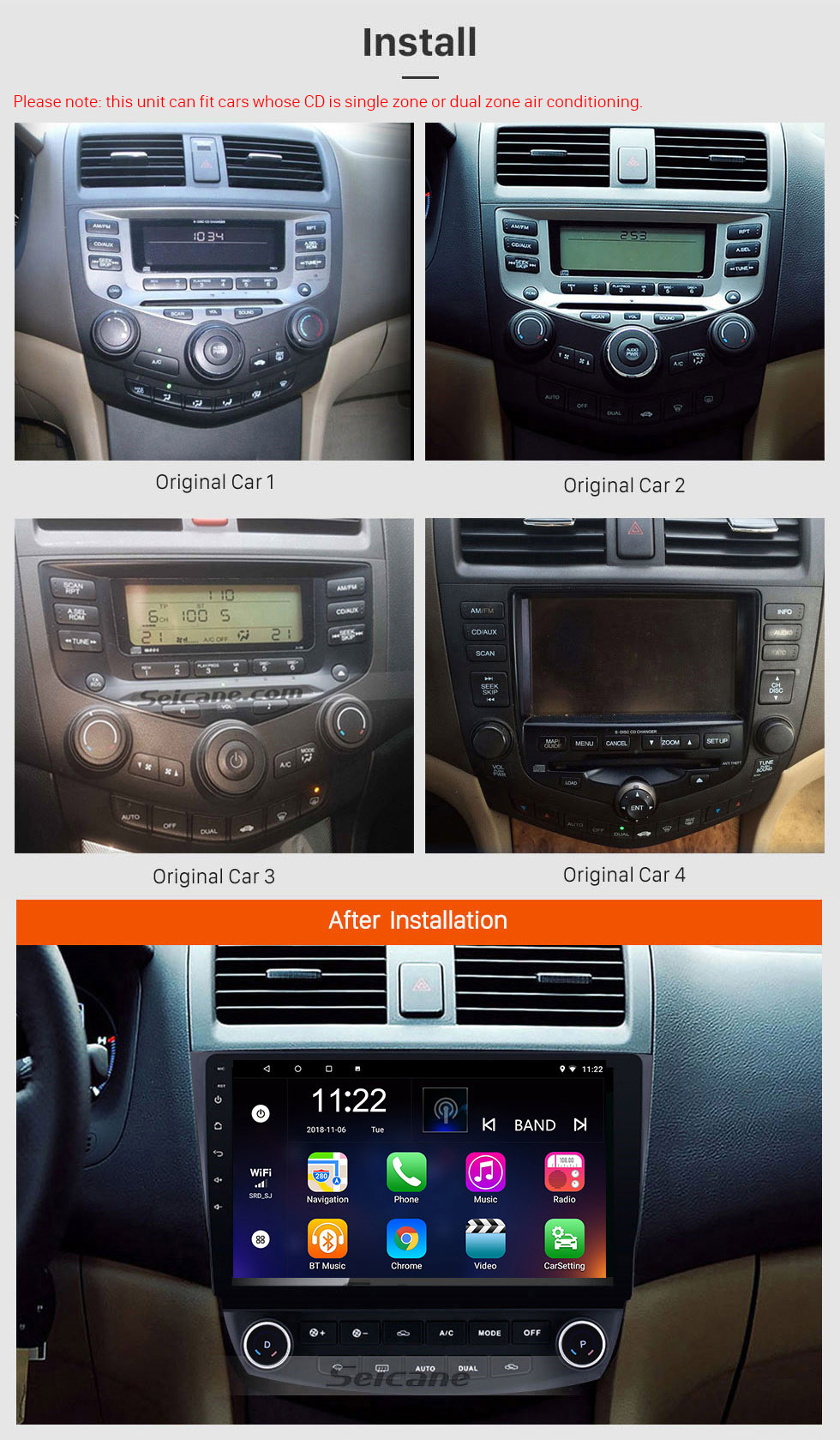 Seicane Android Autoradio für 2003 2004 2005 2006 2007 Honda Accord 7 mit Touchscreen Bluetooth-Unterstützung GPS-Navigation Rückfahrkamera
