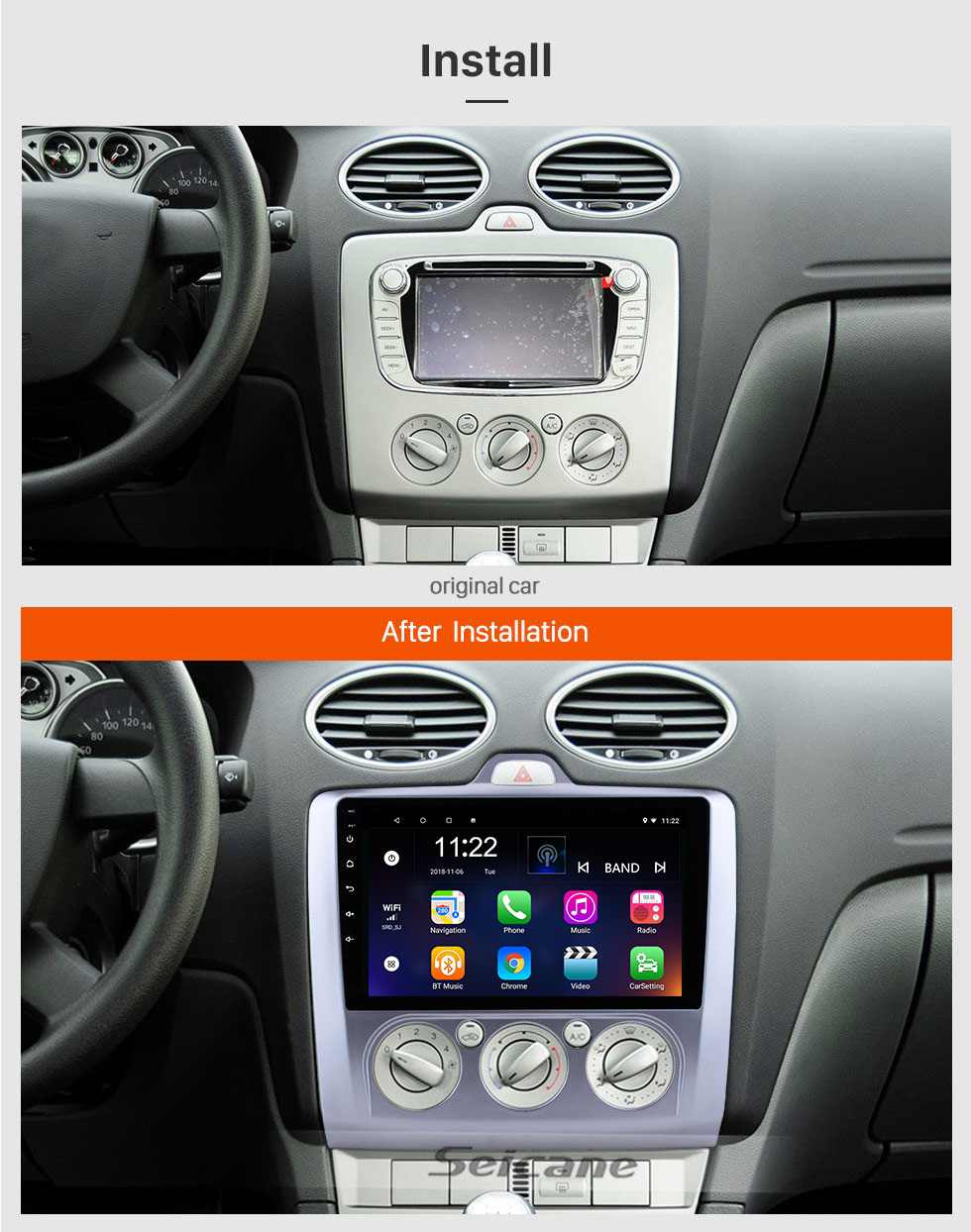 Seicane 2004-2011 Ford Focus EXI MT 2 3 Mk2 / Mk3 Manual AC 9 polegadas HD Touchscreen Android 13.0 Rádio Navegação GPS 3G WIFI USB OBD2 RDS Link para espelho Bluetooth Música Controle de volante Câmera de backup
