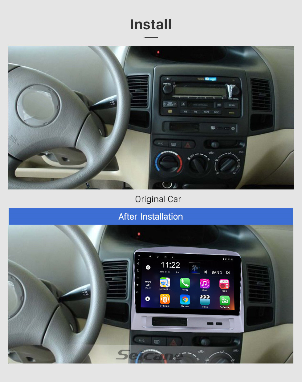 Seicane Ecrã táctil HD 9 polegadas Android 10.0 GPS Navigation Radio para 2004 Toyota Vios com Bluetooth AUX Suporte de música DVR Carplay Volante Controle
