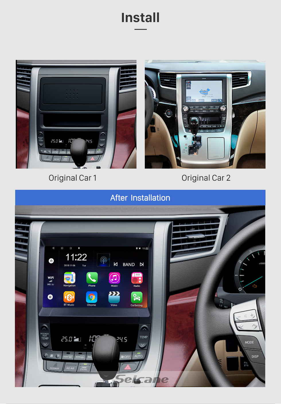 Seicane 8 pulgadas 2009-2014 Toyota ALPHARD / Vellfire ANH20 Android 10.0 Radio Sistema de navegación GPS con 3G WiFi Pantalla táctil capacitiva TPMS DVR OBD II Cámara trasera Control de volante AUX USB Bluetooth HD 1080P Video