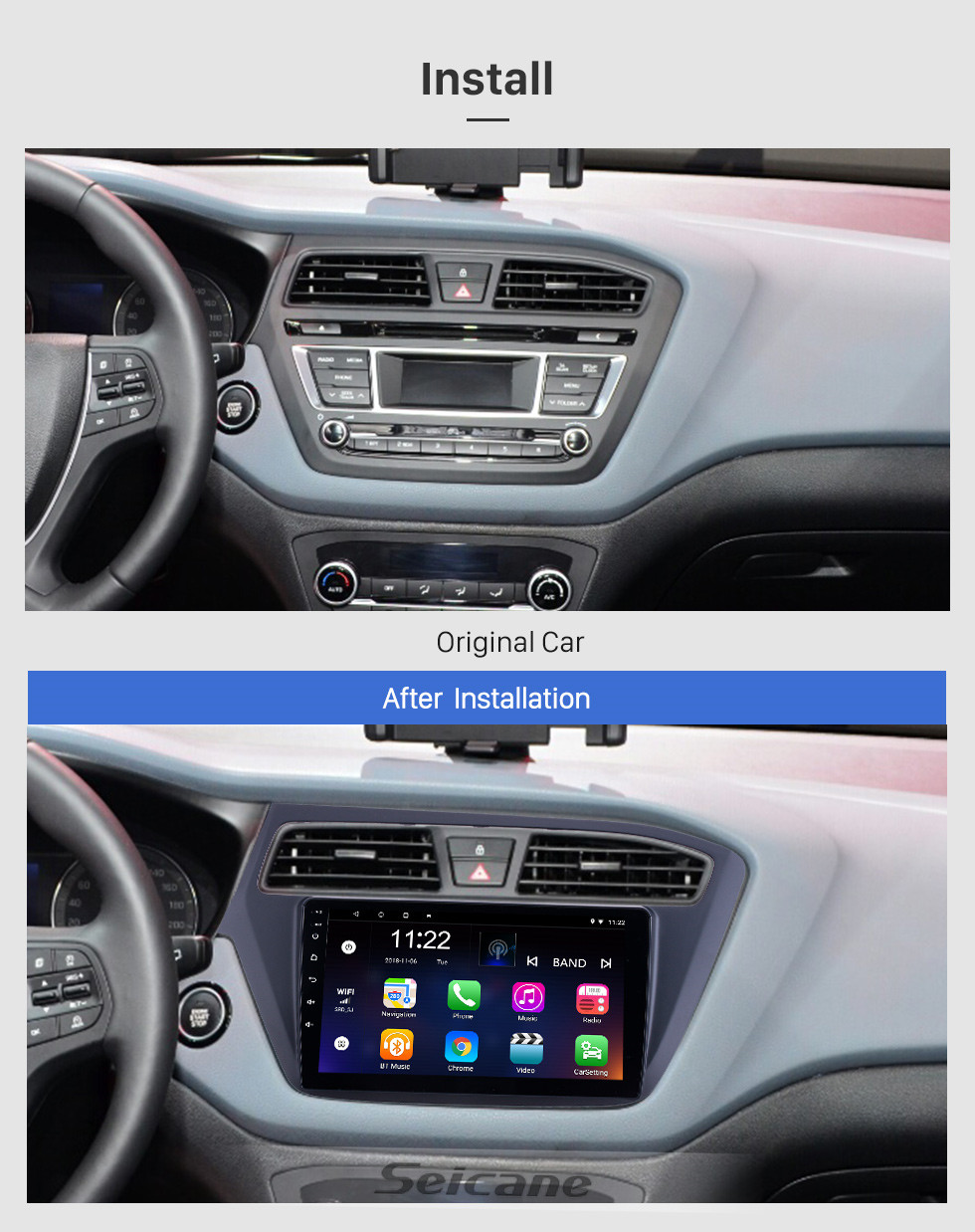 Seicane 2018-2019 Hyundai i20 LHD Android 10.0 à écran tactile, unité de tête, 9 pouces, Bluetooth, radio de navigation GPS avec prise en charge de WIFI AUX OBD2 DVR SWC Carplay