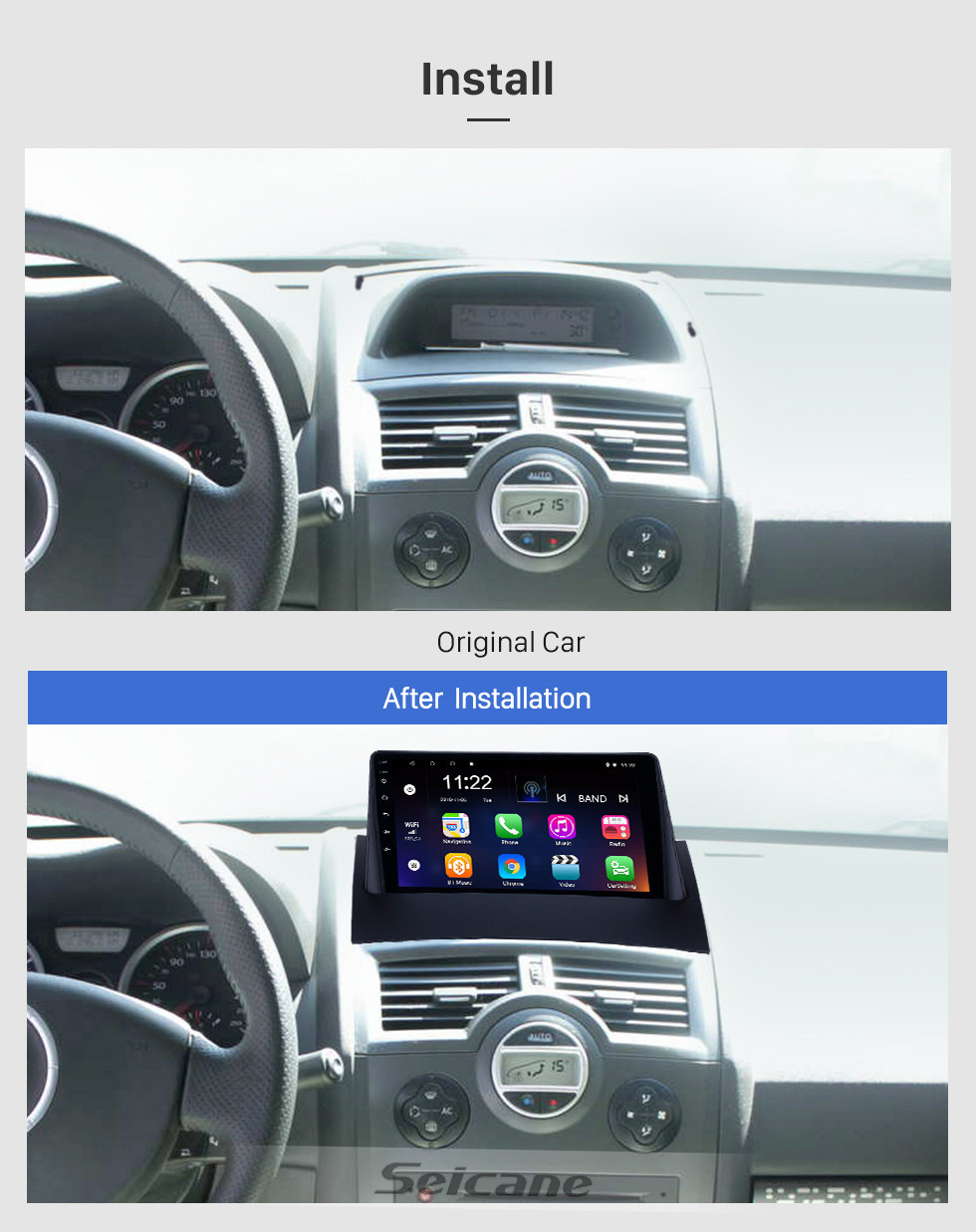 Seicane HD Touchscreen 9 Zoll Android 10.0 GPS Navigationsradio für 2004-2008 Renault Megane 2 mit Bluetooth AUX Unterstützung Carplay TPMS