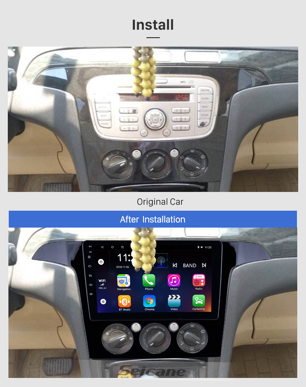 Seicane 2007-2008 Ford S-Max Manual A / C Android 10.0 HD Pantalla táctil 9 pulgadas Bluetooth Radio de navegación GPS con soporte AUX OBD2 SWC Carplay