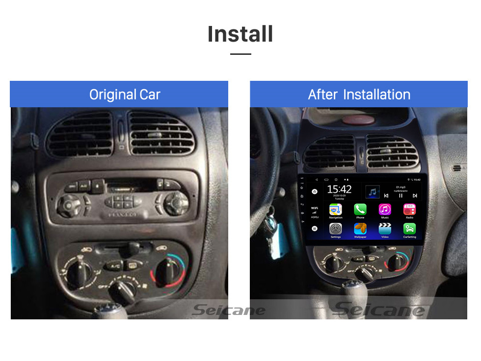 Seicane Écran tactile HD 9 pouces Android 12.0 Radio de navigation GPS pour 2000-2016 Peugeot 206 avec prise en charge Bluetooth AUX WIFI Carplay TPMS DAB +