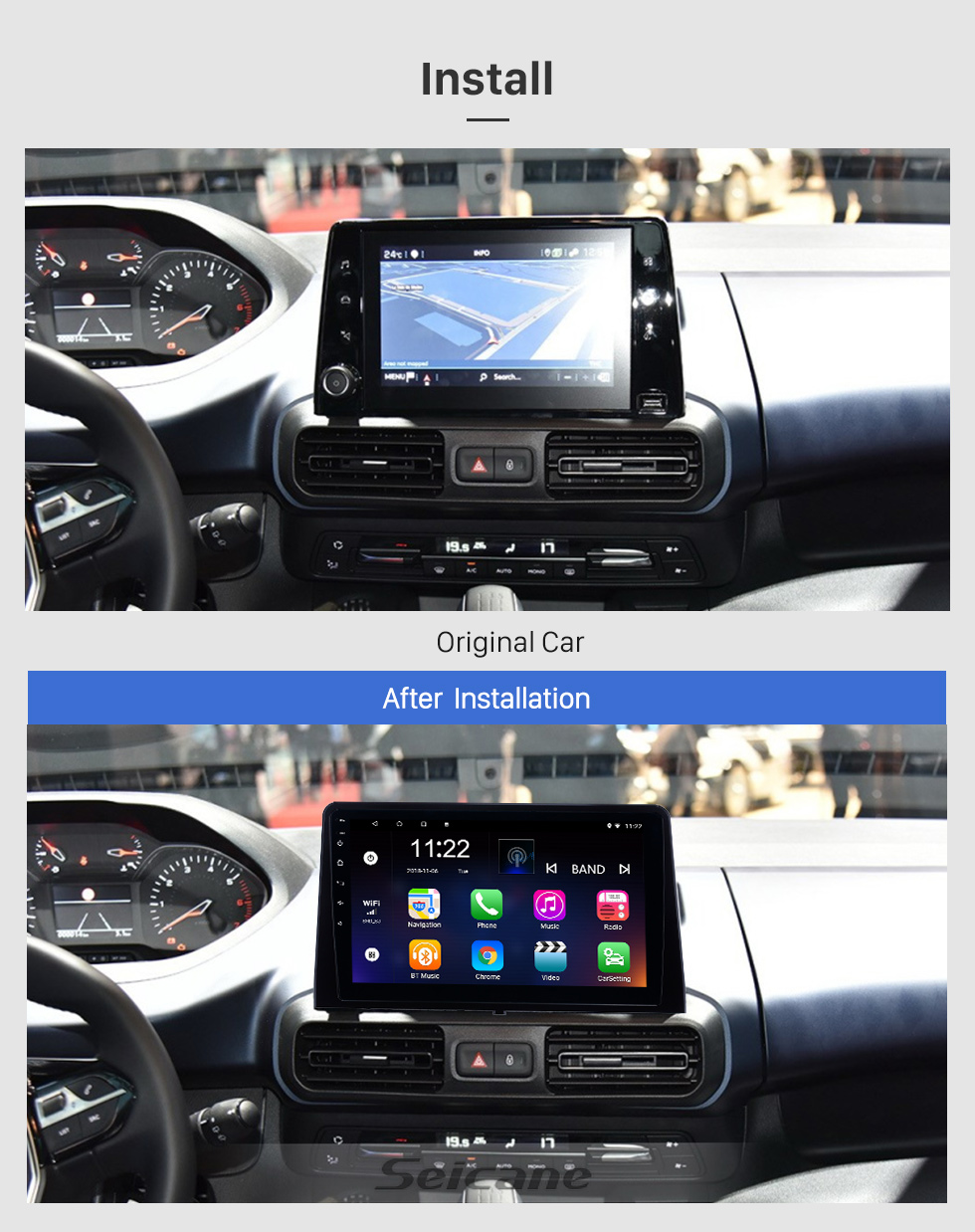 Seicane 10.1 pouces Android 10.0 pour 2019 Peugeot Rifter Radio Système de navigation GPS avec écran tactile HD USB Bluetooth support DAB + Carplay