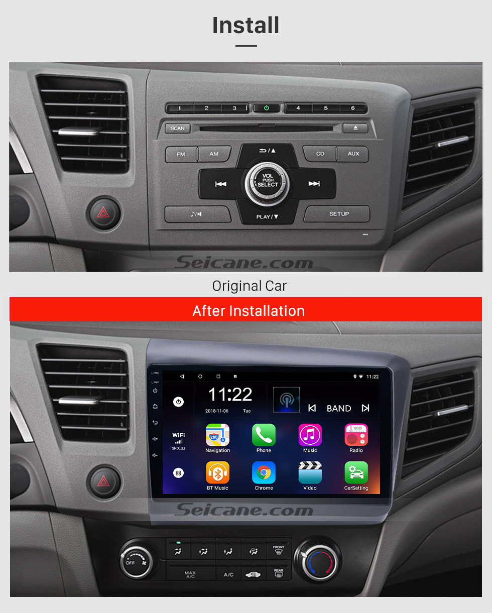 Seicane 9 Zoll Android 13.0 HD Touchscreen Autoradio für 2012 Honda Civic LHD mit Bluetooth Music 3G WiFi Mirror Link OBD2