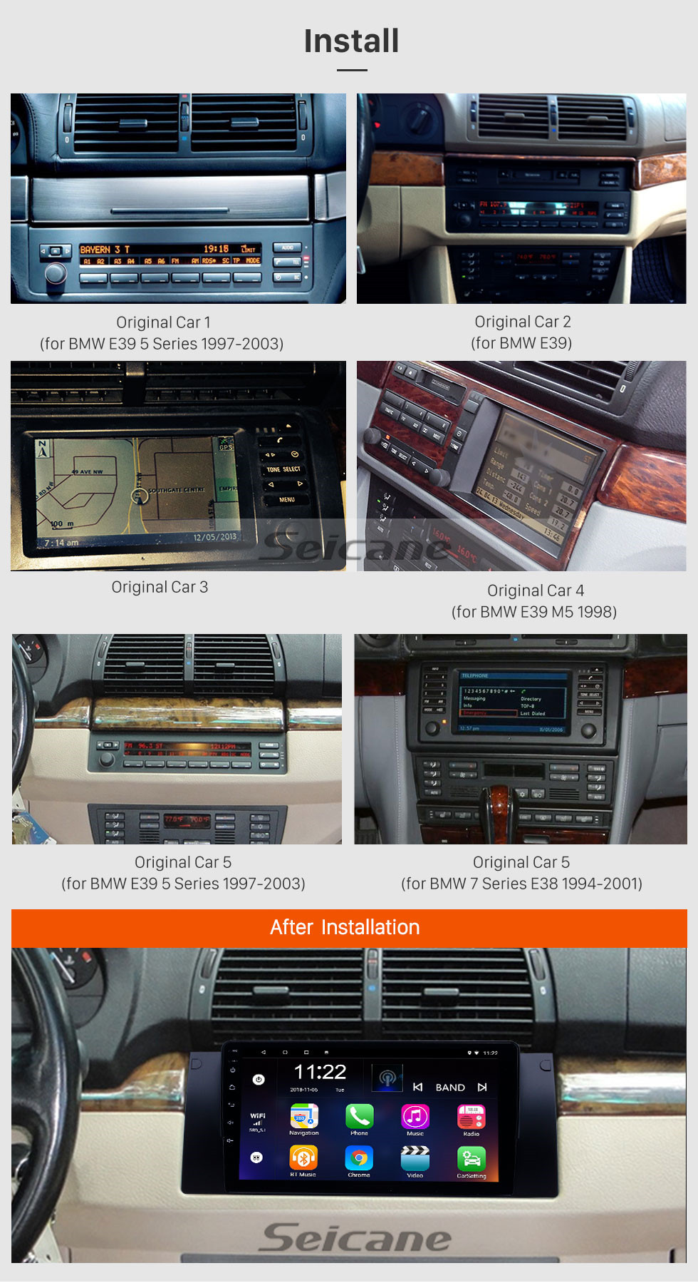 Seicane 1995-2003 BMW Série 5 E39 / X5 E53 Android 10.0 HD Touchscreen 9 polegadas AUX Bluetooth Navegação GPS suporte de rádio SWC Carplay