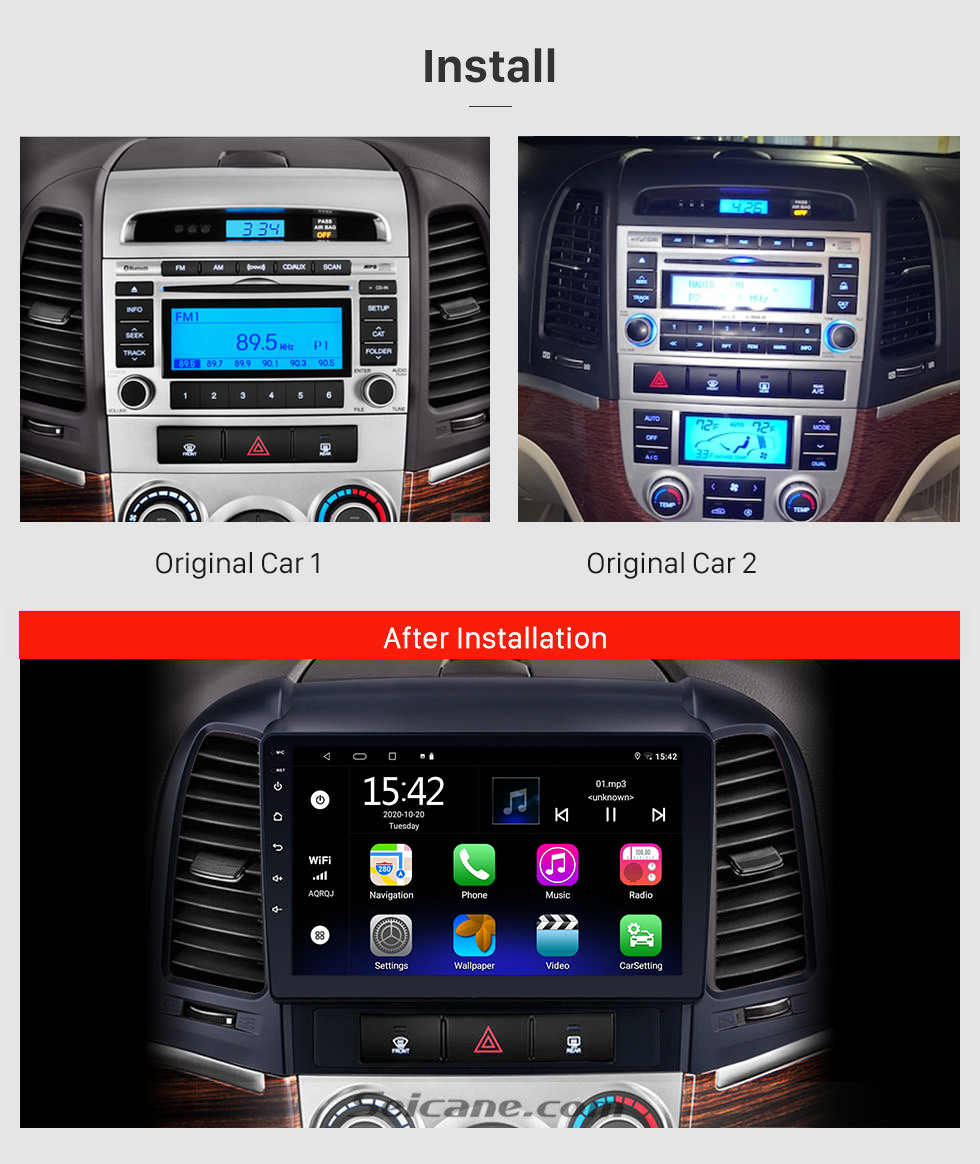 Seicane OEM 2005-2012 HYUNDAI Santafe Radio Upgrade com Android 10.0 Bluetooth GPS Navigation Car Audio System Tela sensível ao toque WiFi 3G Mirror Link OBD2 Câmera de backup DVR AUX
