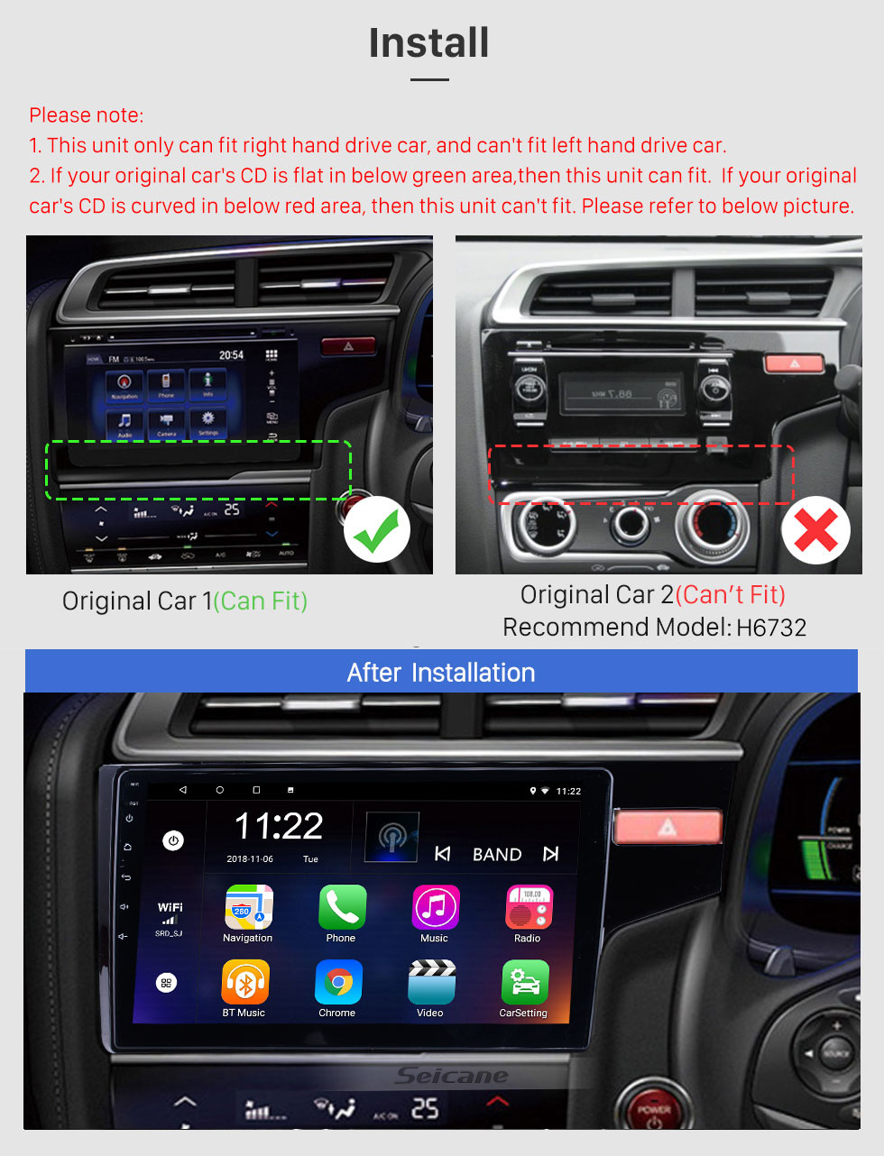Seicane 10,1 pouces Android 13.0 pour 2014 2015 HONDA JAZZ FIT RHD Radio Bluetooth Écran tactile Navigation GPS Autoradio Lien miroir Commande au volant 1080P DAB+