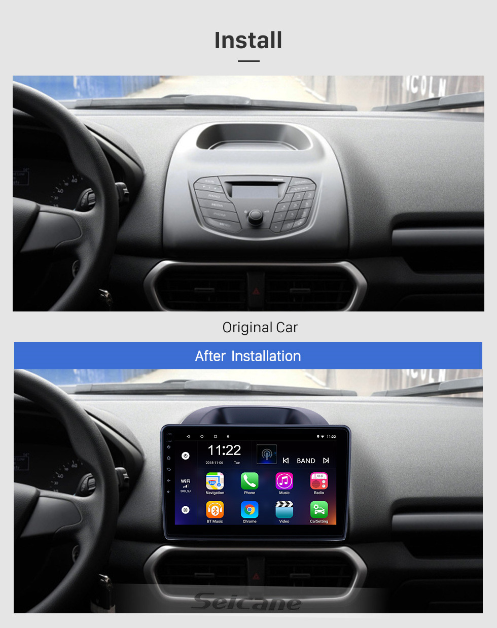 Seicane 10.1 polegadas GPS Navigation Radio Android 10.0 for 2018-2019 Ford Ecosport With HD Touchscreen Bluetooth support Carplay Backup camera