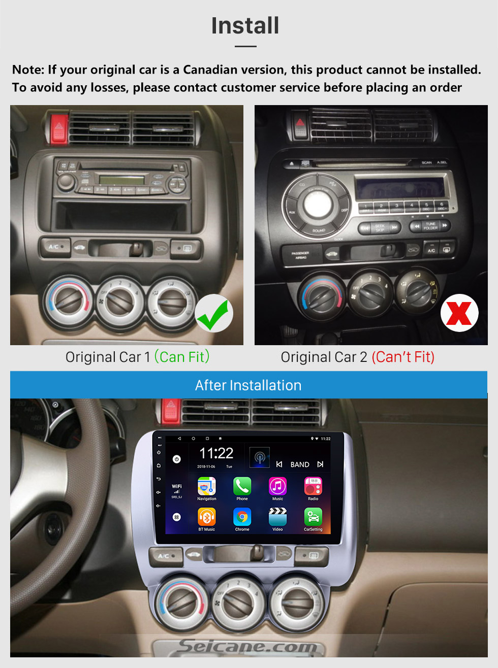 Seicane Android 13.0 9 polegadas Touchscreen GPS Navigation Radio para 2004-2007 HONDA Jazz FIT Manual AC LHD 2006 2007 CITY 2011-2019 EVERUS S1 com suporte Bluetooth WIFI Mirror Link