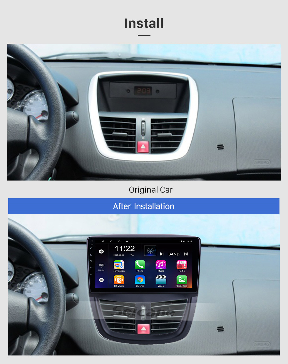 Autoradio GPS tactile Bluetooth Android & Apple Carplay Peugeot 206+, 207,  207 CC et 207 SW + caméra de recul