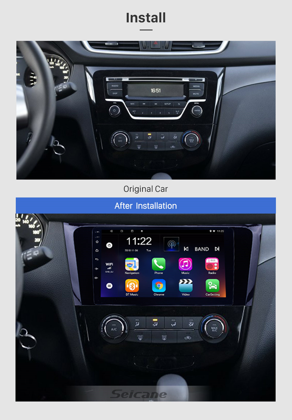 Seicane 9 pouces Android 10.0 GPS Radio Bluetooth système de navigation multimédia pour 2013 2014 Nissan X-Trail avec 3G WiFi Mirror Link écran tactile OBD2 Contrôle du volant Auto A / V USB SD