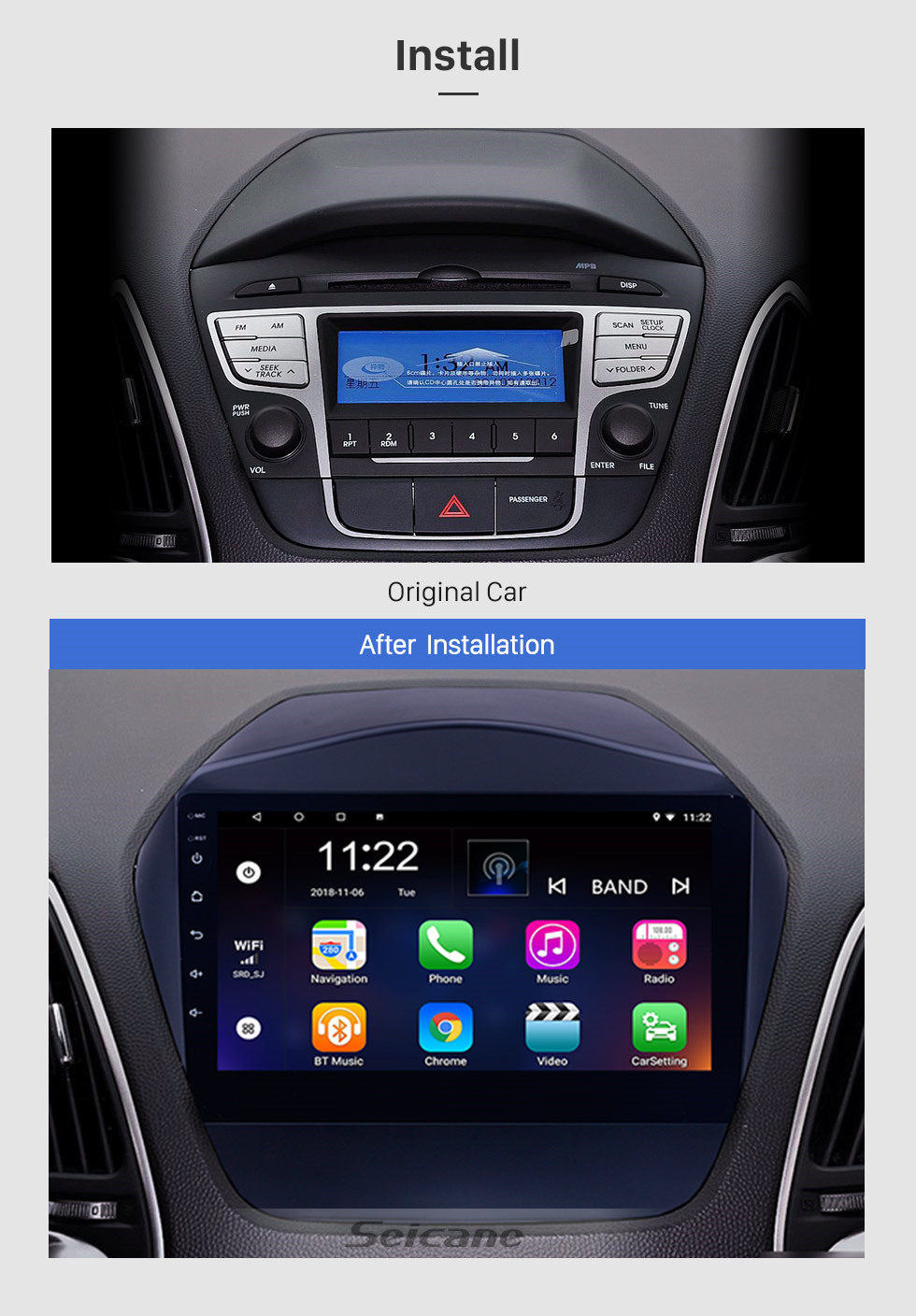 Seicane Rádio 9 polegadas HD Touchscreen Android 10.0 para 2009 2010 2011-2015 Hyundai IX35 com GPS Sat Nav Bluetooth WIFI USB 1080P Video Mirror Link DVR OBD2