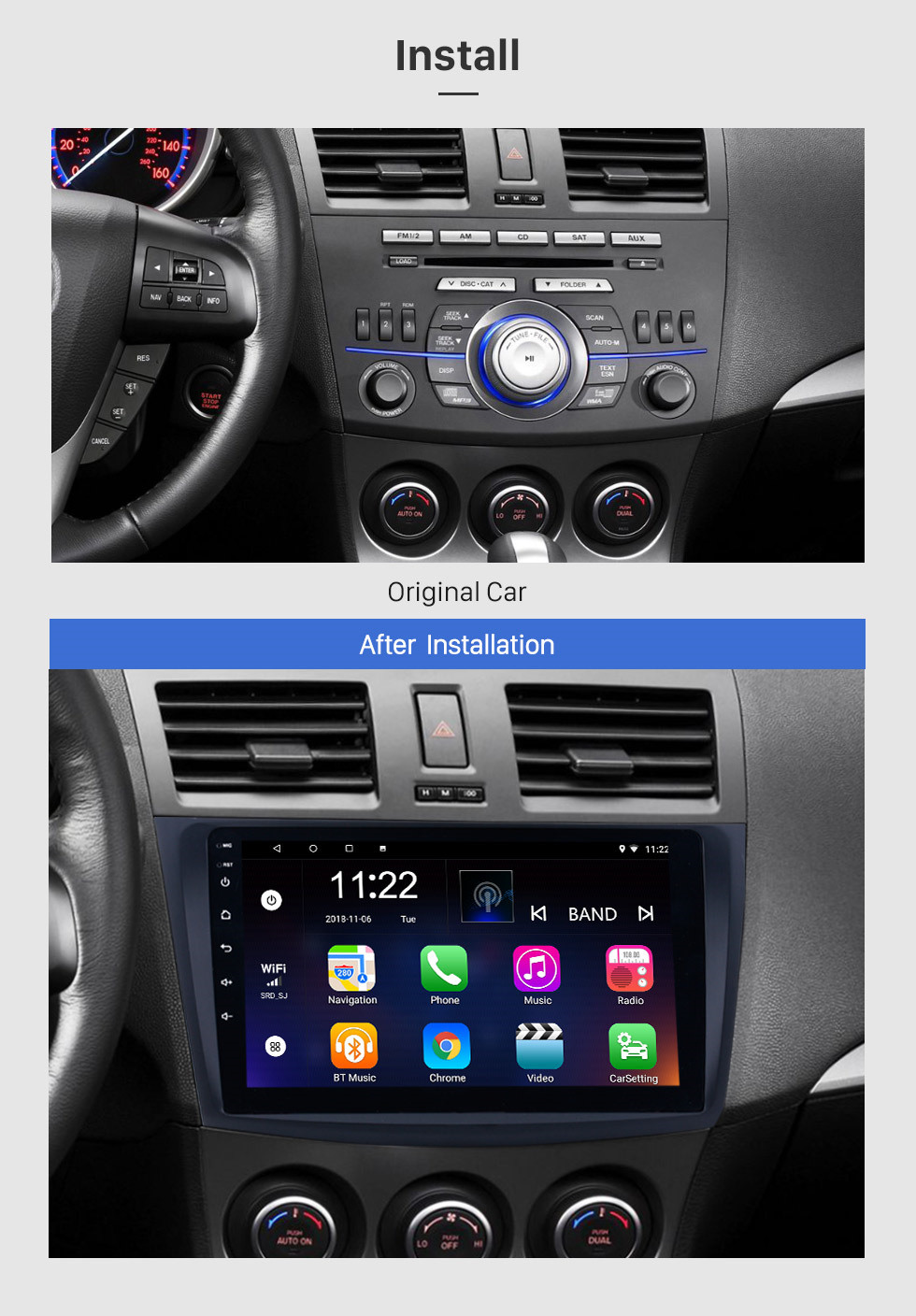 Seicane Pantalla táctil de 9 pulgadas Android 10.0 Radio de coche para 2009 2010 2011 2012 MAZDA 3 con GPS Sat Nav Bluetooth WIFI USB OBD2 Cámara retrovisor Mirror Link 1080P