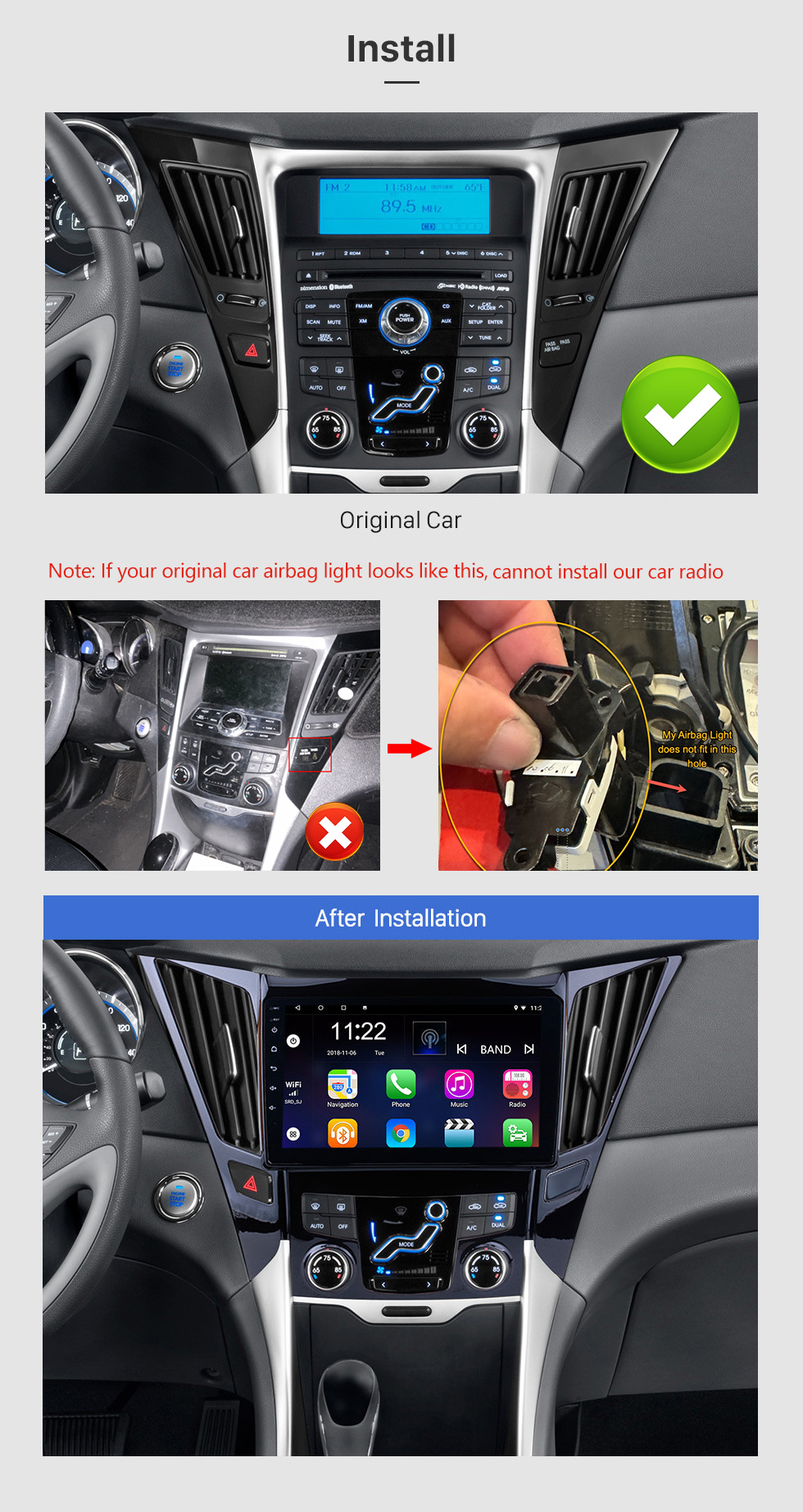 Seicane 9 pouces tout-en-un Android 13.0 système de navigation GPS pour 2011-2015 HYUNDAI Sonata i40 i45 avec écran tactile TPMS DVR OBD II caméra arrière AUX USB SD commande au volant WiFi vidéo Radio Bluetooth