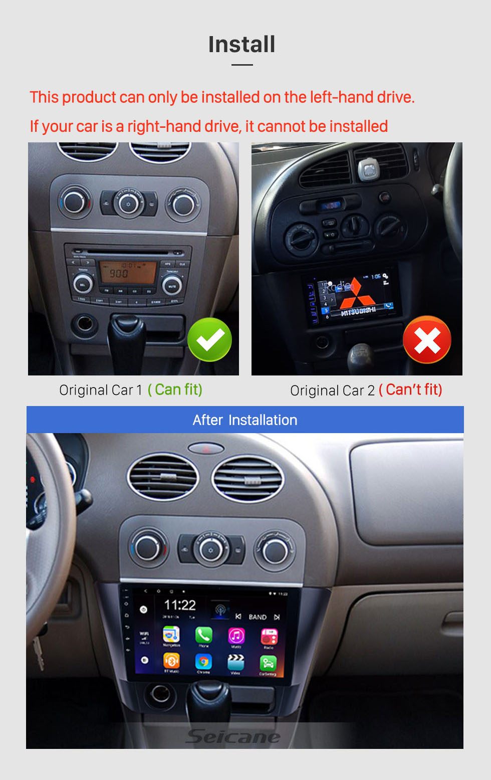 Seicane 2014 2015 2016 Mitsubishi Lancer Android 10.0 Auto Estéreo 9 pulgadas HD Pantalla táctil Radio Unidad principal con navegación GPS WiFi FM Bluetooth Música Soporte USB Conexión de espejo Cámara de respaldo Control del volante TPMS DVR