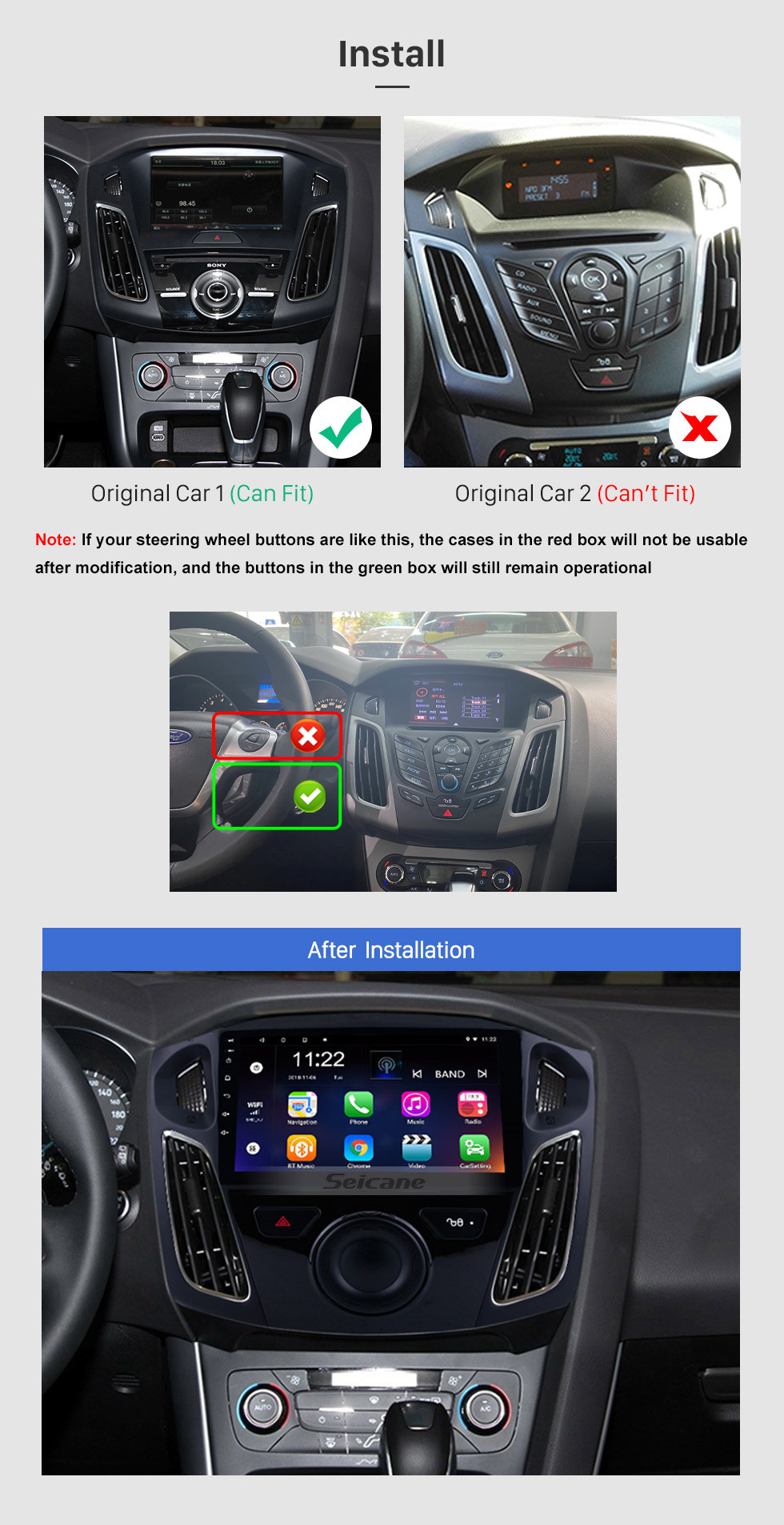 Seicane 9 polegadas android 13.0 navegação gps hd 1024*600 rádio touchscreen para 2011 2012-2015 ford focus com bluetooth wifi 1080 p usb link espelho obd2 dvr controle de volante