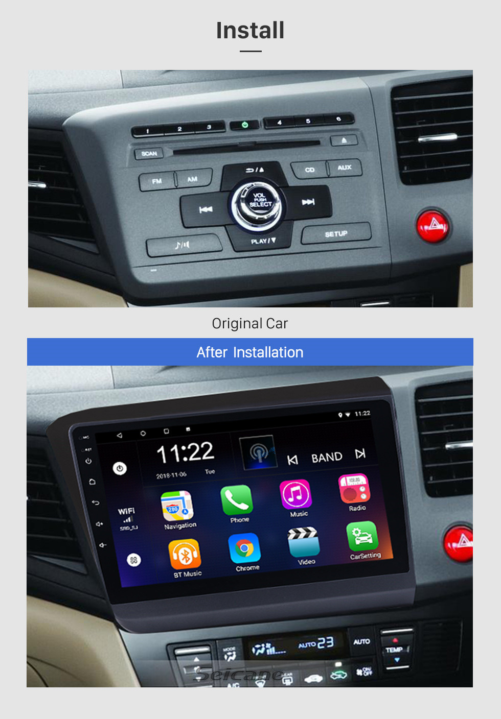 Seicane 2012 HONDA CIVIC Rechtslenker 9 Zoll Android 13.0 Radio GPS Navigation Bluetooth HD Touchscreen Spiegelverbindung USB WIFI Lenkradsteuerung Unterstützung DVR Rückfahrkamera OBD2