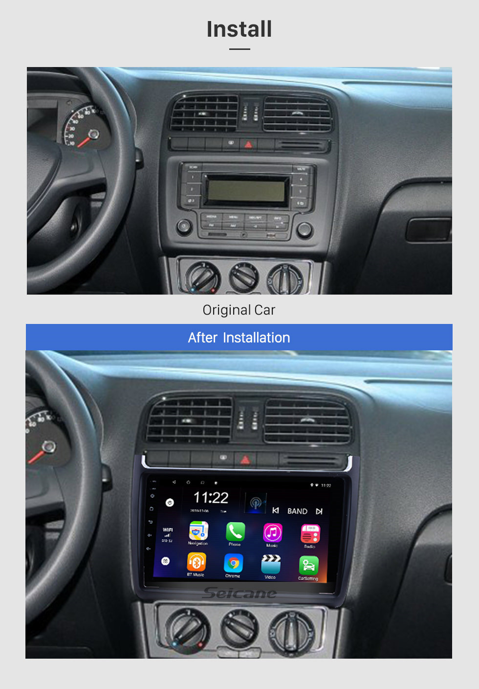 Seicane 9 Zoll 1024 * 600 Android 10.0 Auto-Audio-Stereo-GPS-Navigation VW Volkswagen Polo von Polo 2012-2015 mit 1080P-Bluetooth-Musik-Musik-RDS-Radio-Spiegel-Link-Lenkradsteuerung