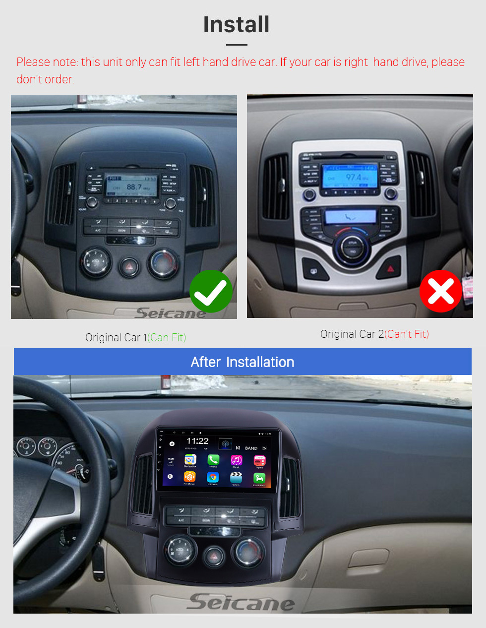 Seicane Pour 2008 2009 2010 2011 Hyundai i30 LHD Radio manuelle A / C 9 pouces Android 10.0 HD Système de navigation GPS à écran tactile avec prise en charge Bluetooth Carplay