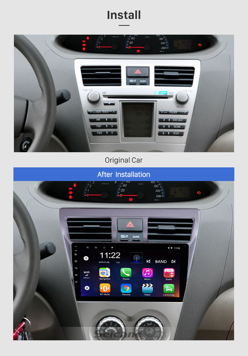 Seicane OEM 9-Zoll-HD-Touchscreen-GPS-Navigationssystem-Radio für 2007-2012 Toyota VIOS-Unterstützung TPM DVR WiFi-Fernbedienung Bluetooth