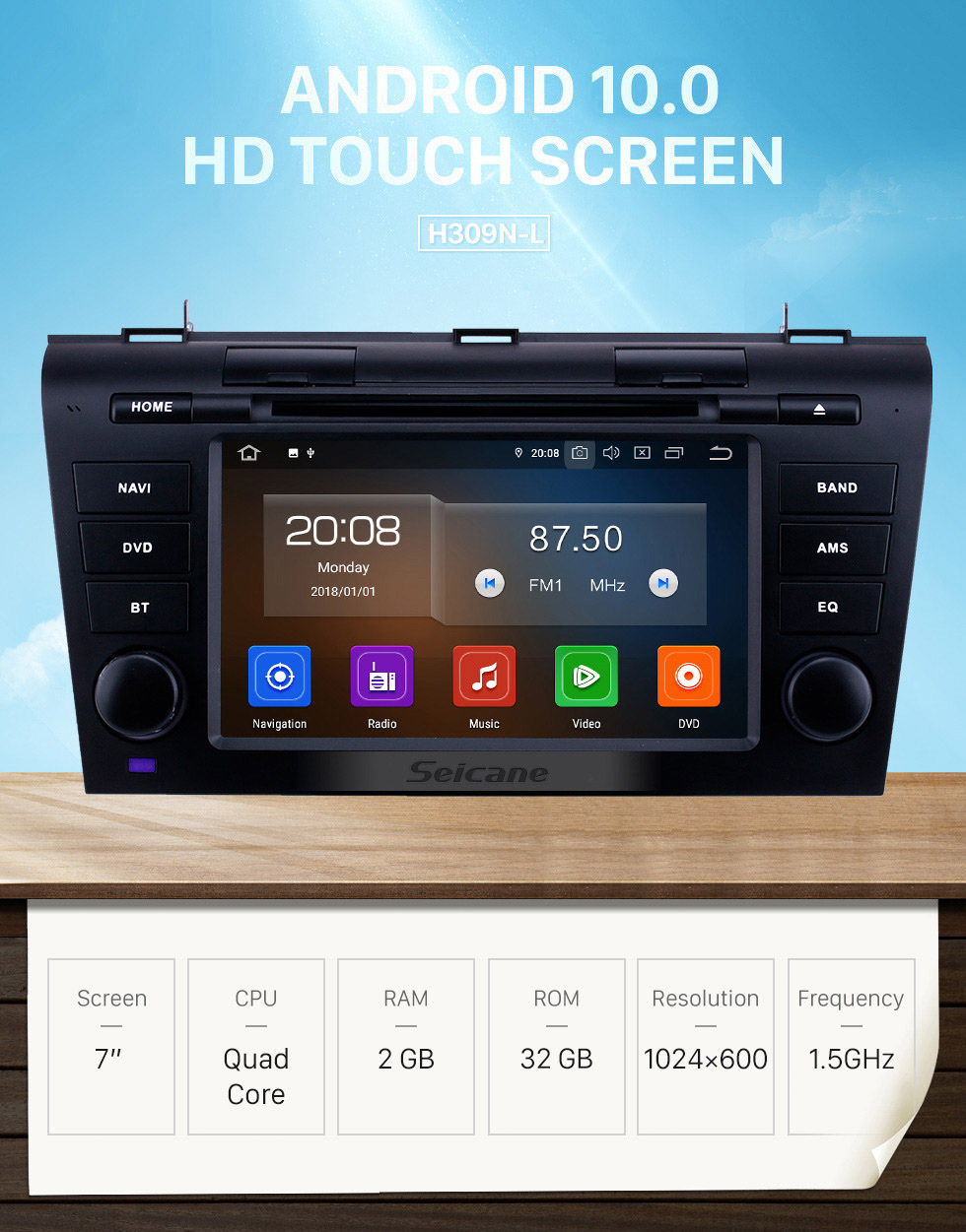 Seicane 7 Zoll Android 10.0 GPS Navigationsradio für 2007-2009 Mazda 3 mit HD Touchscreen Carplay Bluetooth Unterstützung Rückfahrkamera Digital TV