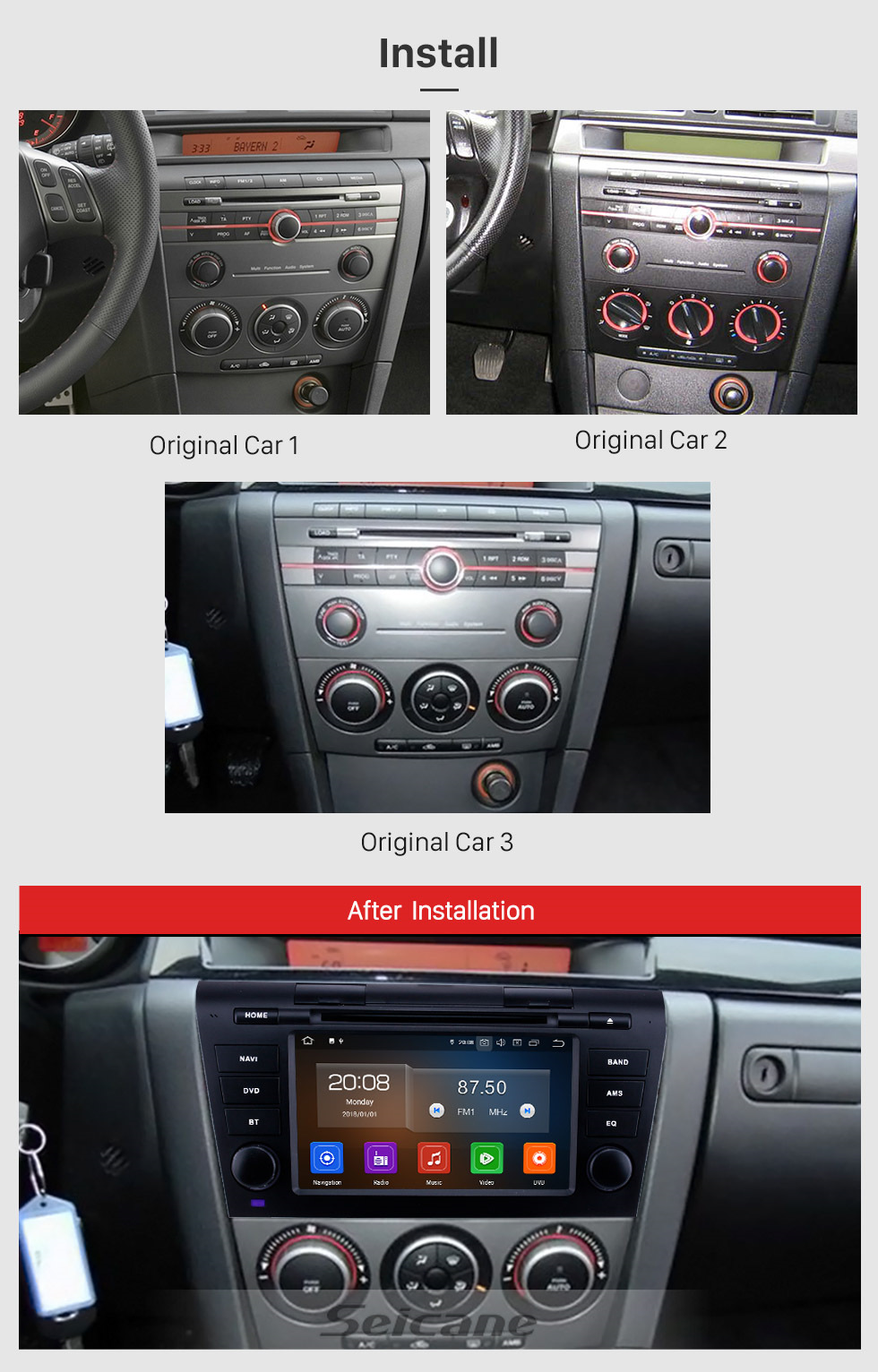 Seicane 7-дюймовый Android 10.0 GPS-навигация Радио для Mazda 3 2007-2009 с сенсорным экраном HD Carplay Поддержка Bluetooth Задняя камера Цифровое ТВ
