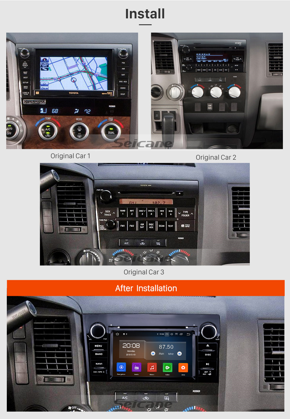 Seicane Radio de navigation GPS Android 10.0 7 pouces pour Toyota Sequoia 2008-2015 / 2006-2013 Tundra Bluetooth HD Écran tactile Carplay USB AUX prise en charge DVR 1080P Vidéo