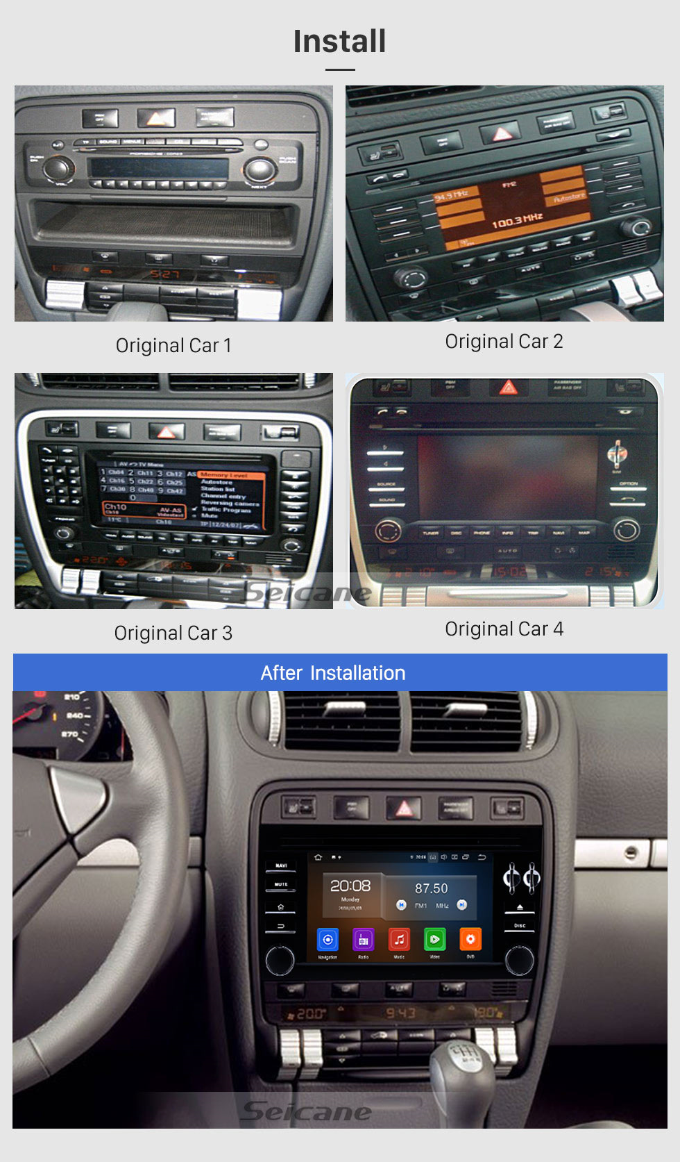 Seicane HD 1024 * 600 écran tactile 2003-2011 Porsche Cayenne Android 10.0 Radio Remplacement avec Aftermarket GPS DVD Player 3G WiFi Bluetooth Music Mirror Link OBD2 Caméra de recul DVR AUX MP3 MP4 HD 1080P
